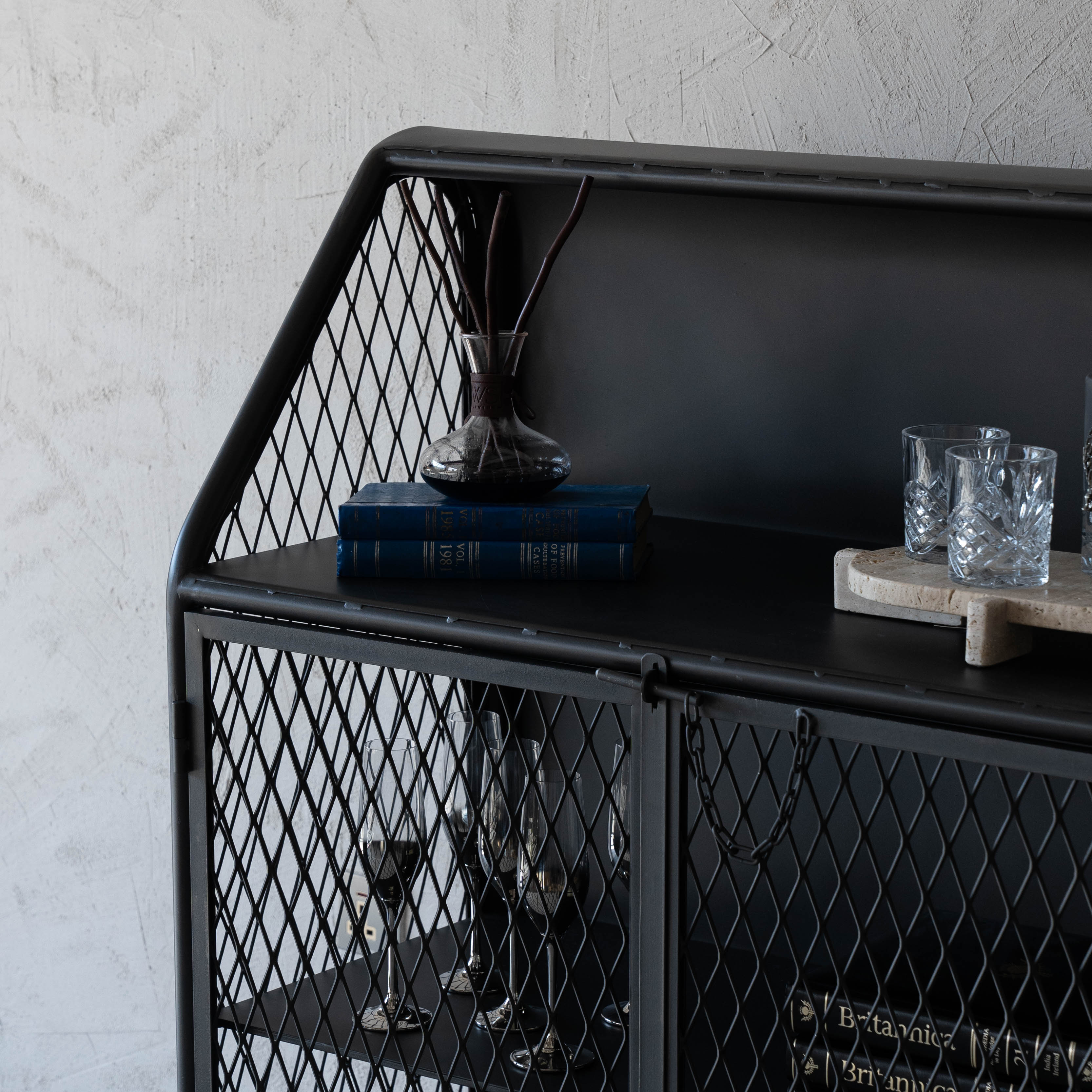 Arthur Grey Wash Industrial Bar Cabinet with Steel Mesh