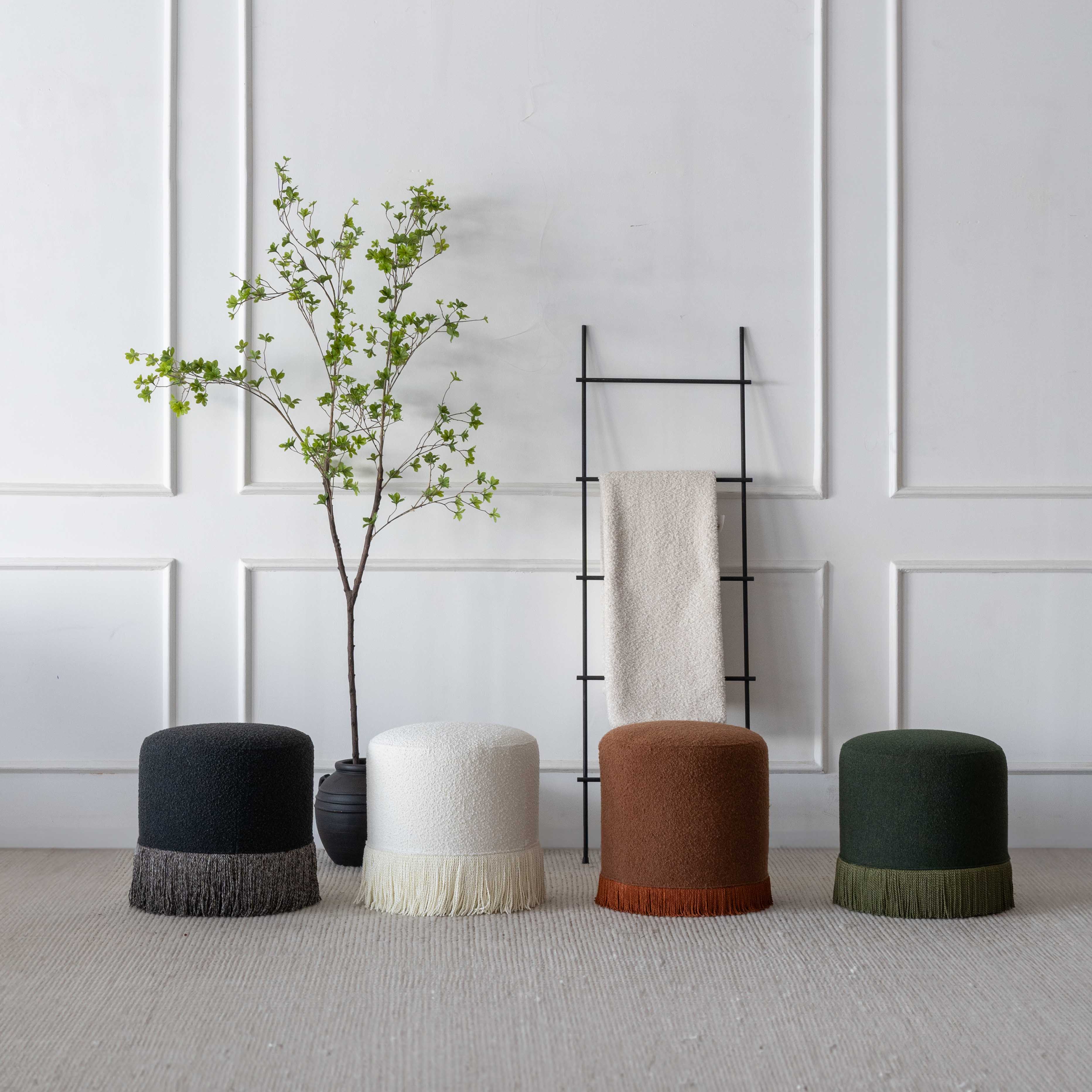 Contour Boucle Round Stool with Tassels | Pouf Ottoman