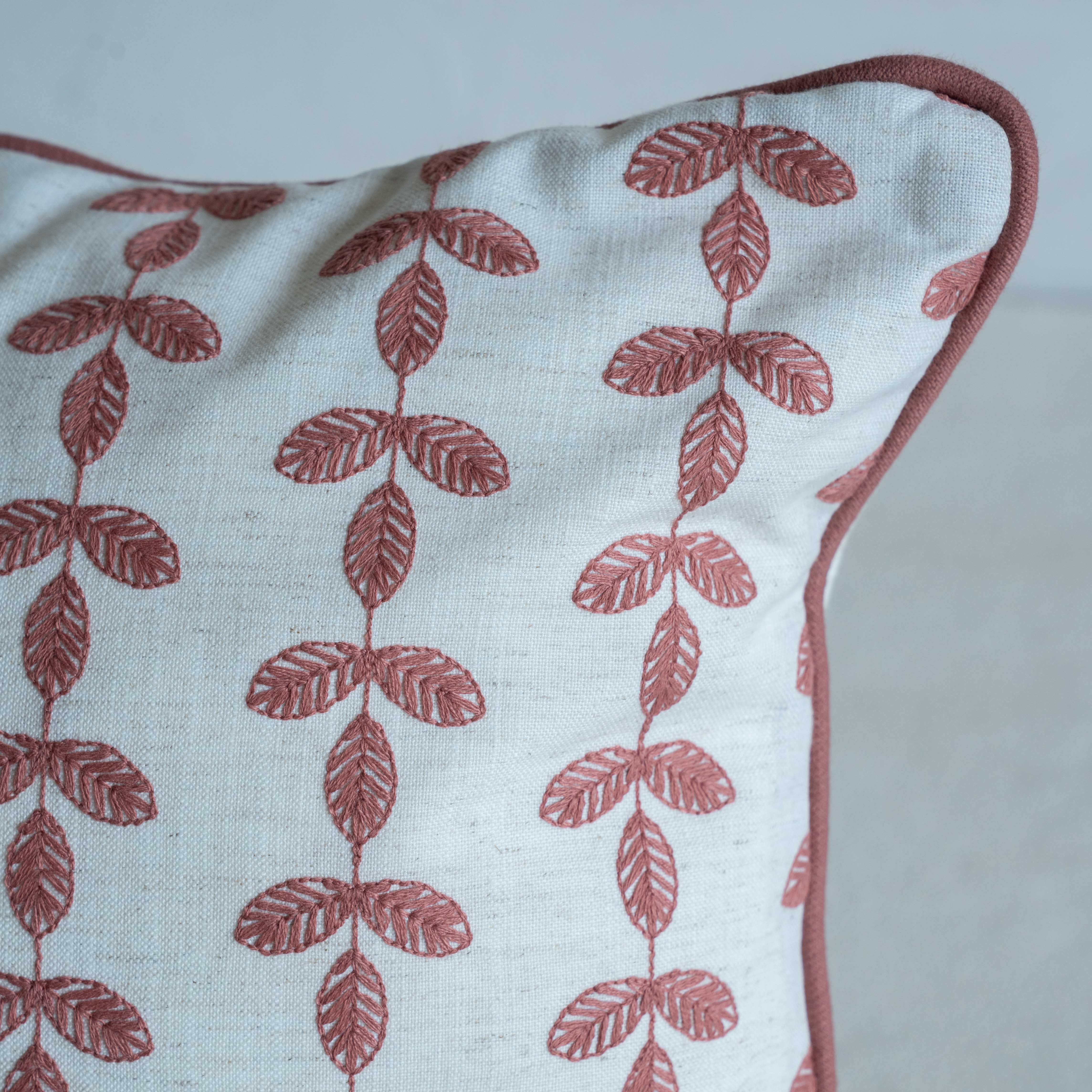Bel Embroidered Leaf Vine Cushion Cover - ROSE