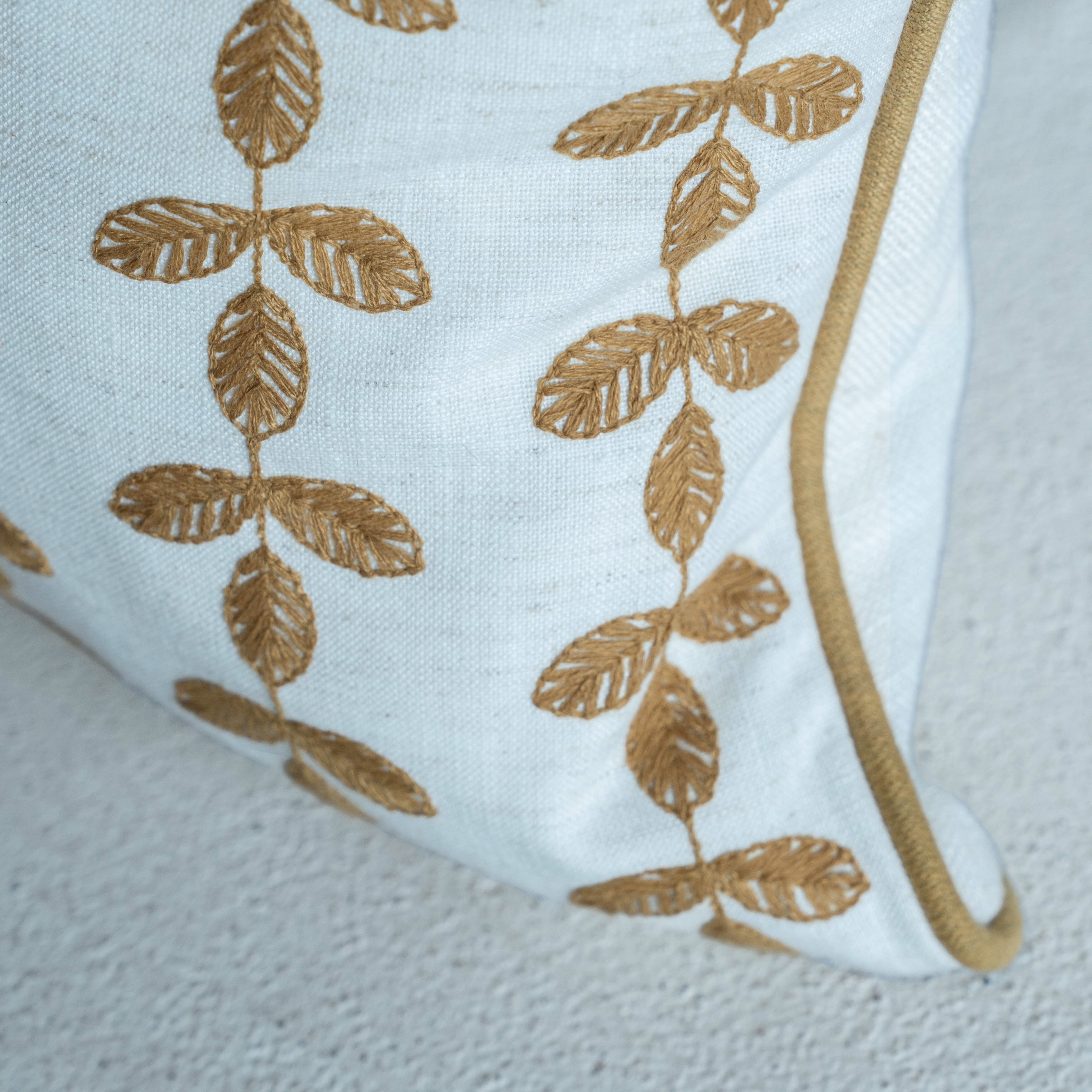 Bel Embroidered Leaf Vine Cushion Cover - MUSTARD