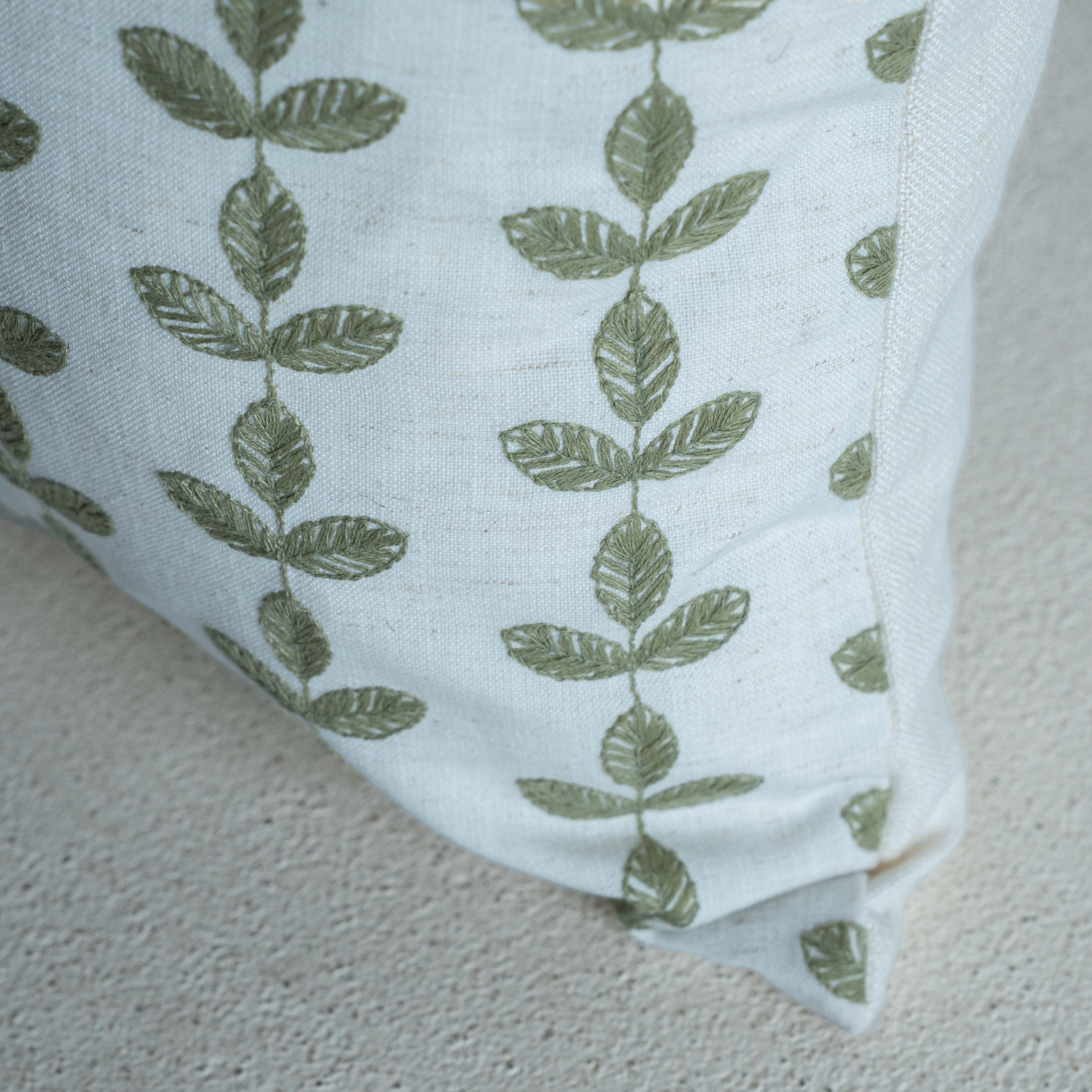 Bel Embroidered Leaf Vine Cushion Cover - GREEN