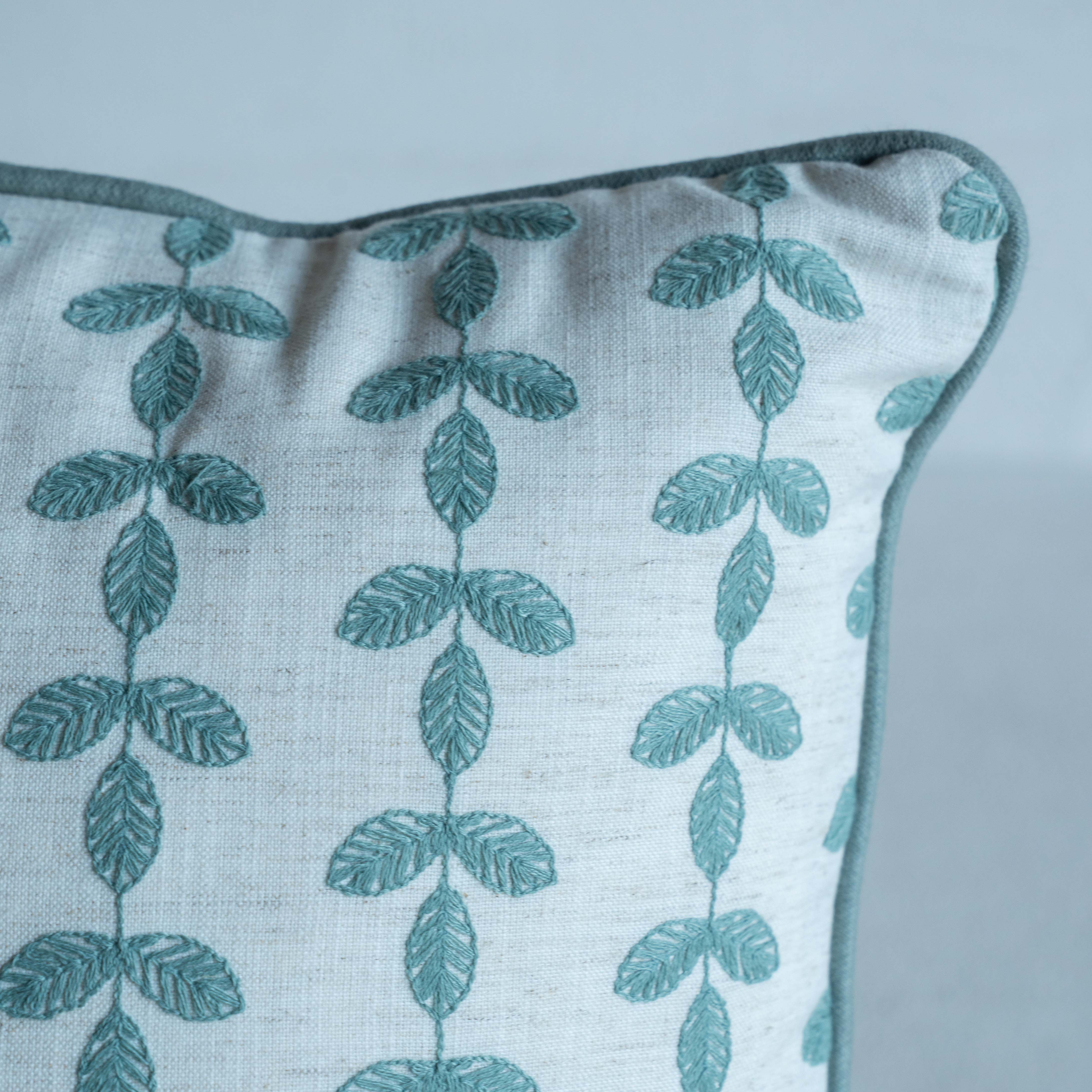 Bel Embroidered Leaf Vine Cushion Cover - BLUE