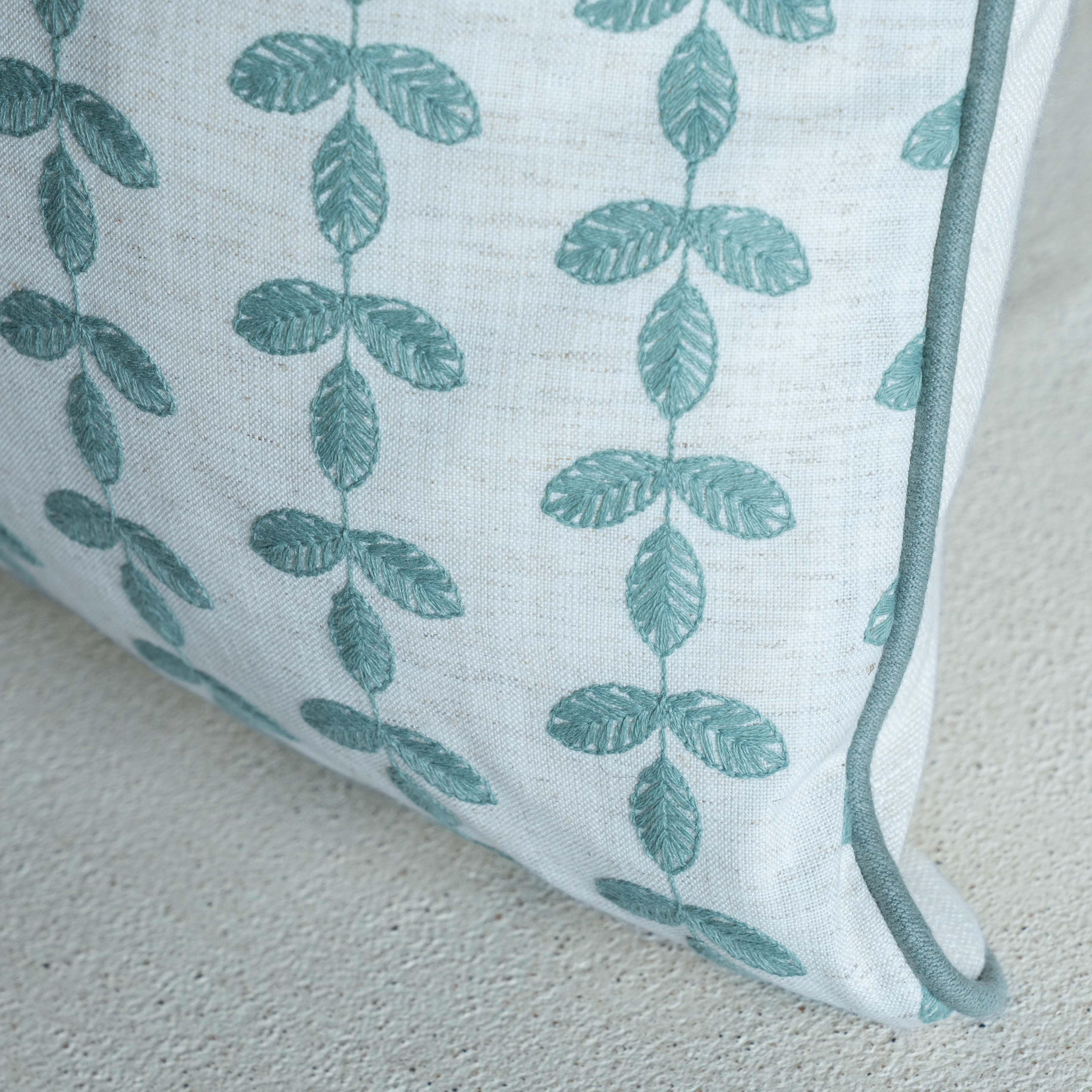 Bel Embroidered Leaf Vine Cushion Cover - BLUE