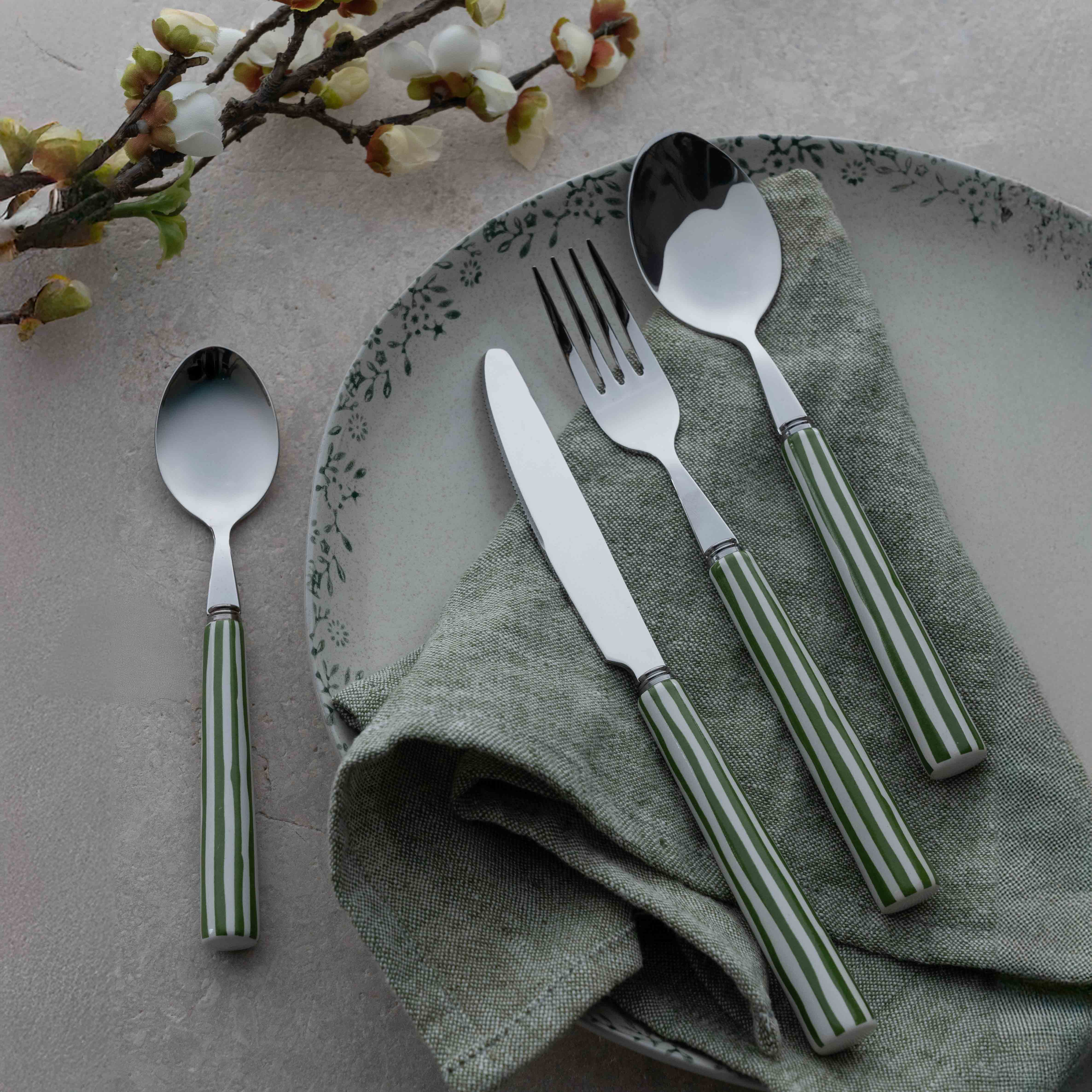 Modern Cutlery Set Of 4 Persons 16 pcs - Ceramic Handle | Sliver - Green