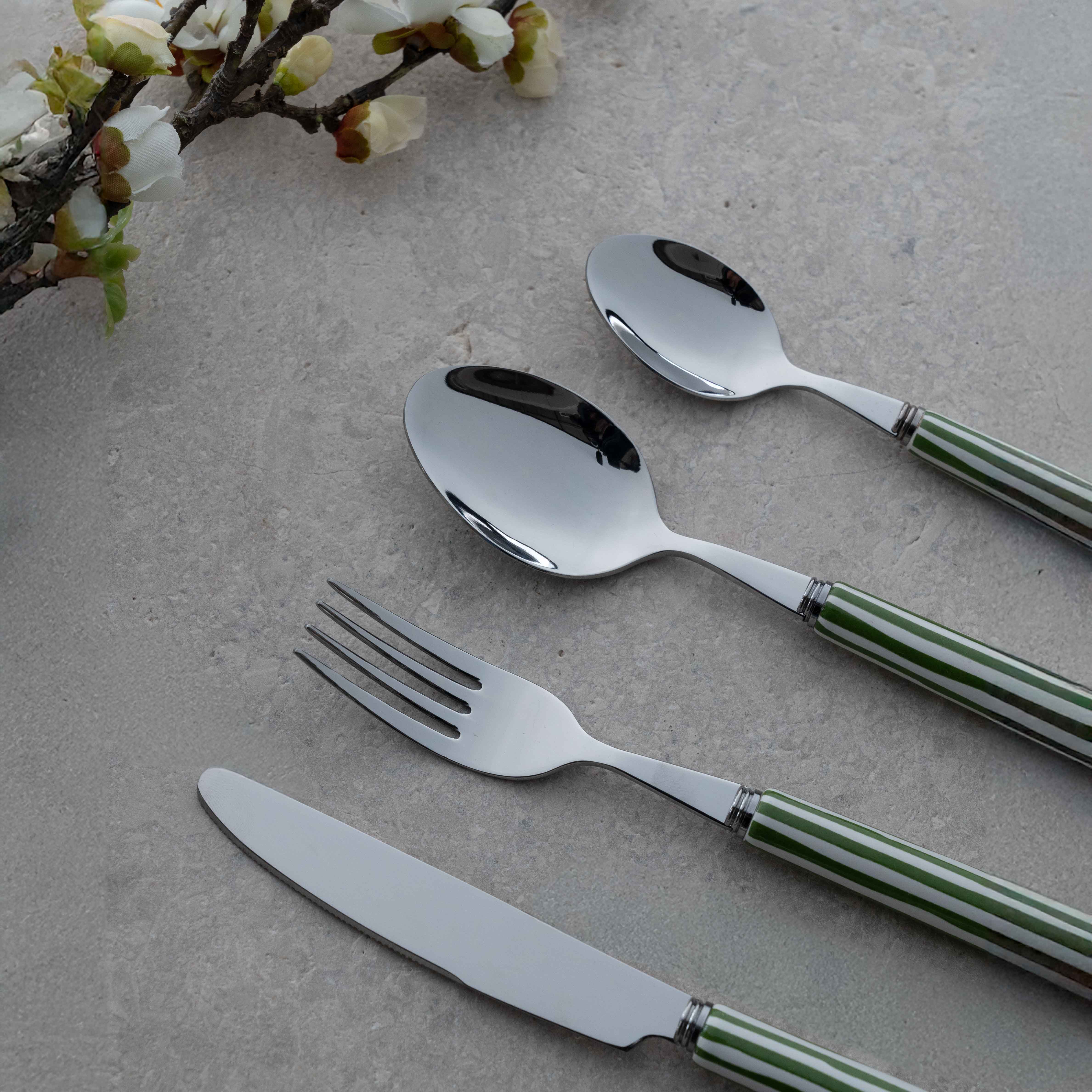 Modern Cutlery Set Of 4 Persons 16 pcs - Ceramic Handle | Sliver - Green - Cutlery Set - WS Living - UAE Modern Home Furniture Stores in Dubai