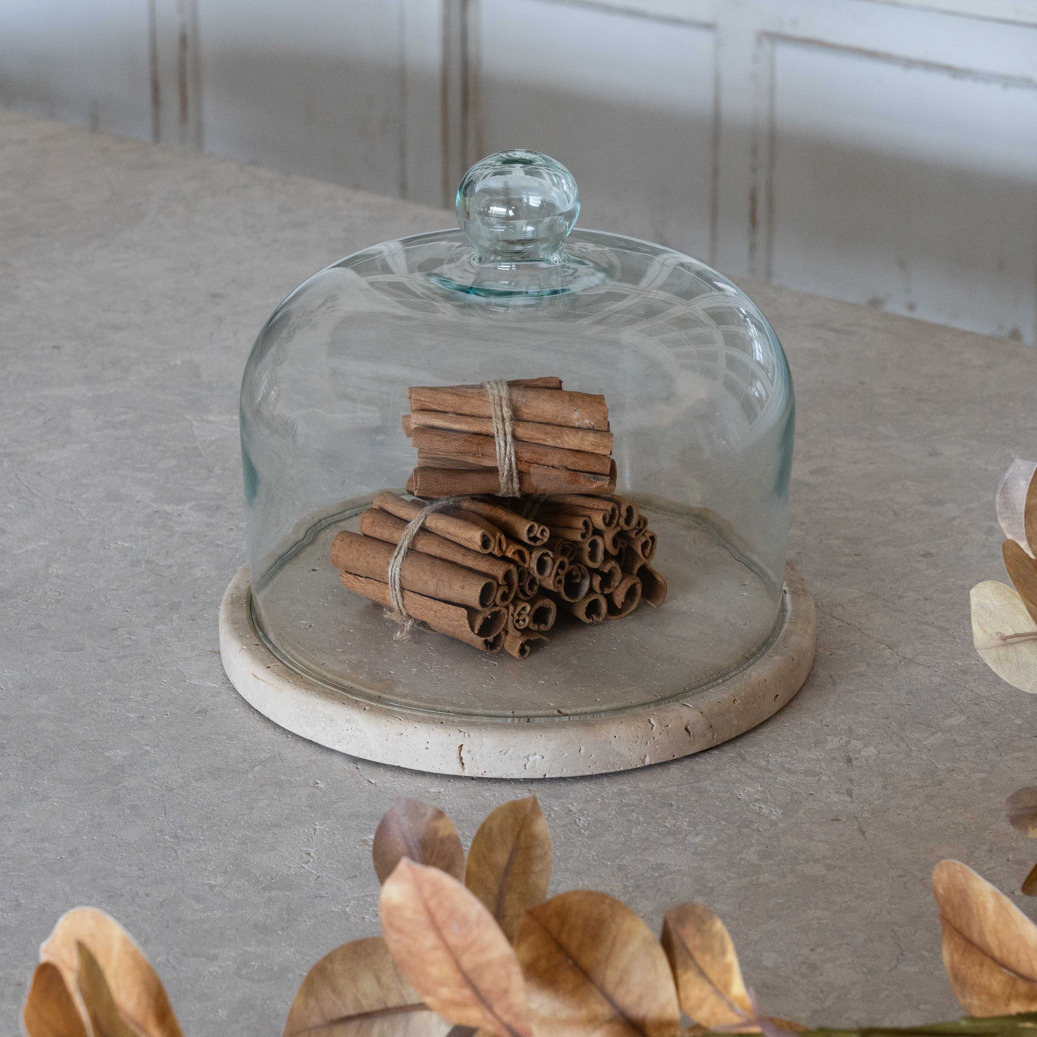 Natural Travertine Marble Serving Tray With Glass Cover