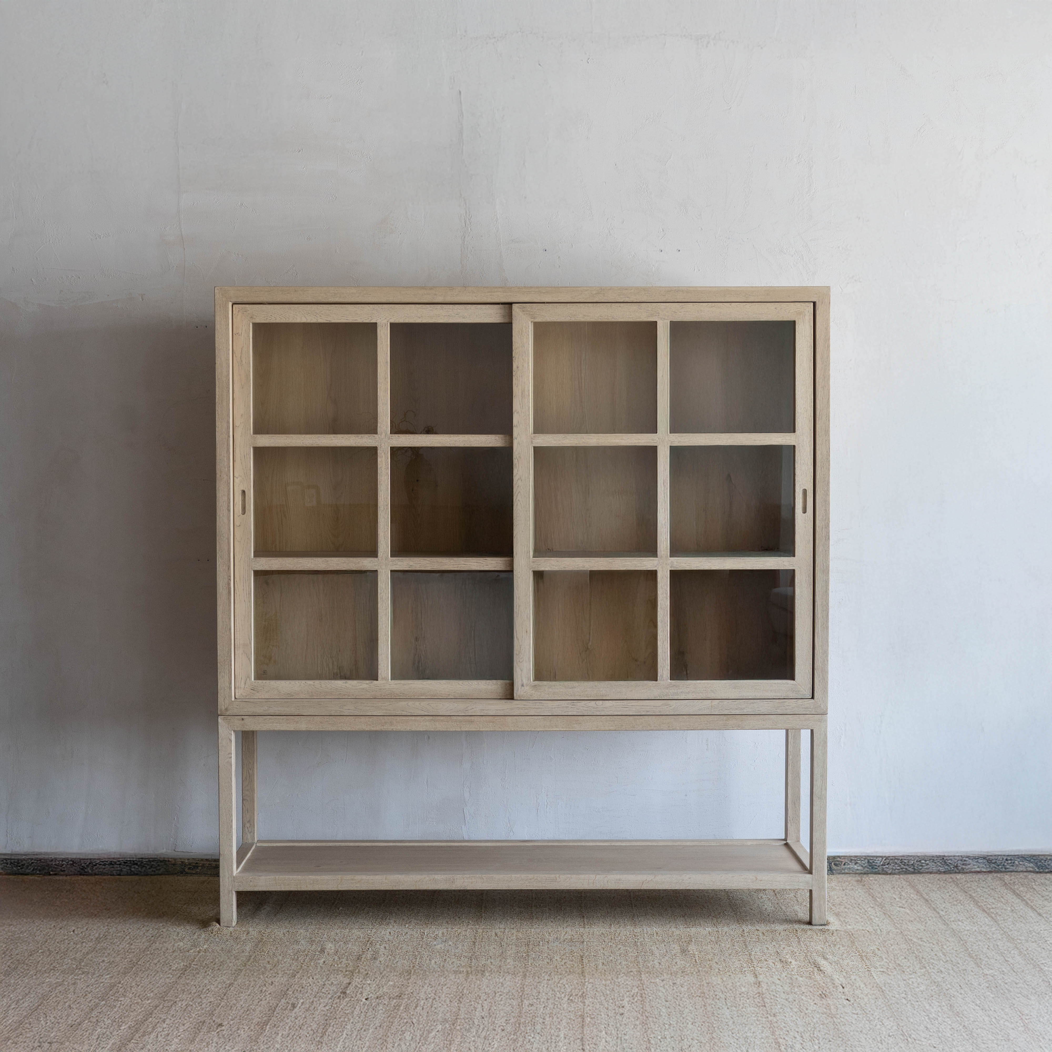 Glazed Natural Oak Wood Artisan Glass Door Cabinet