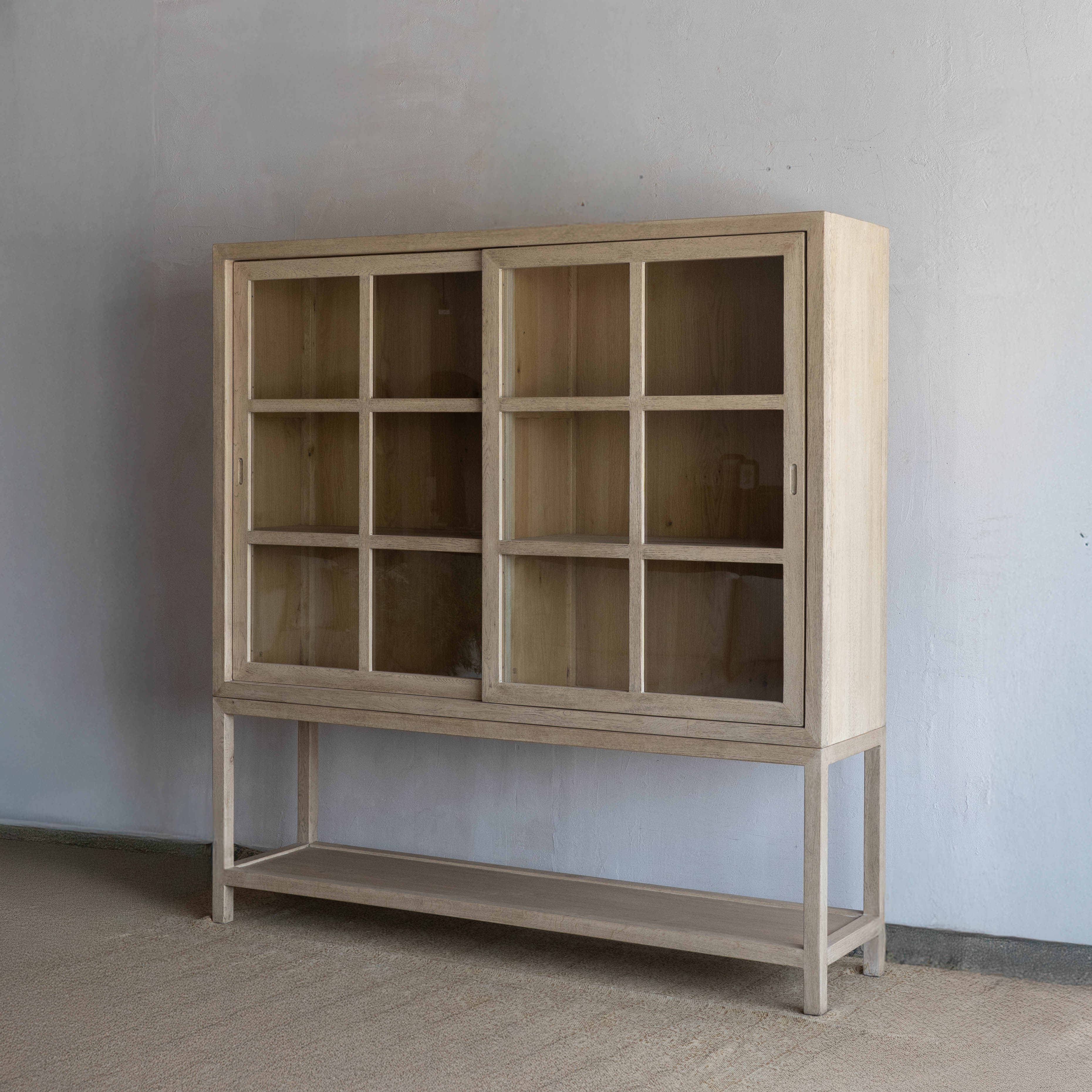 Glazed Natural Oak Wood Artisan Glass Door Cabinet