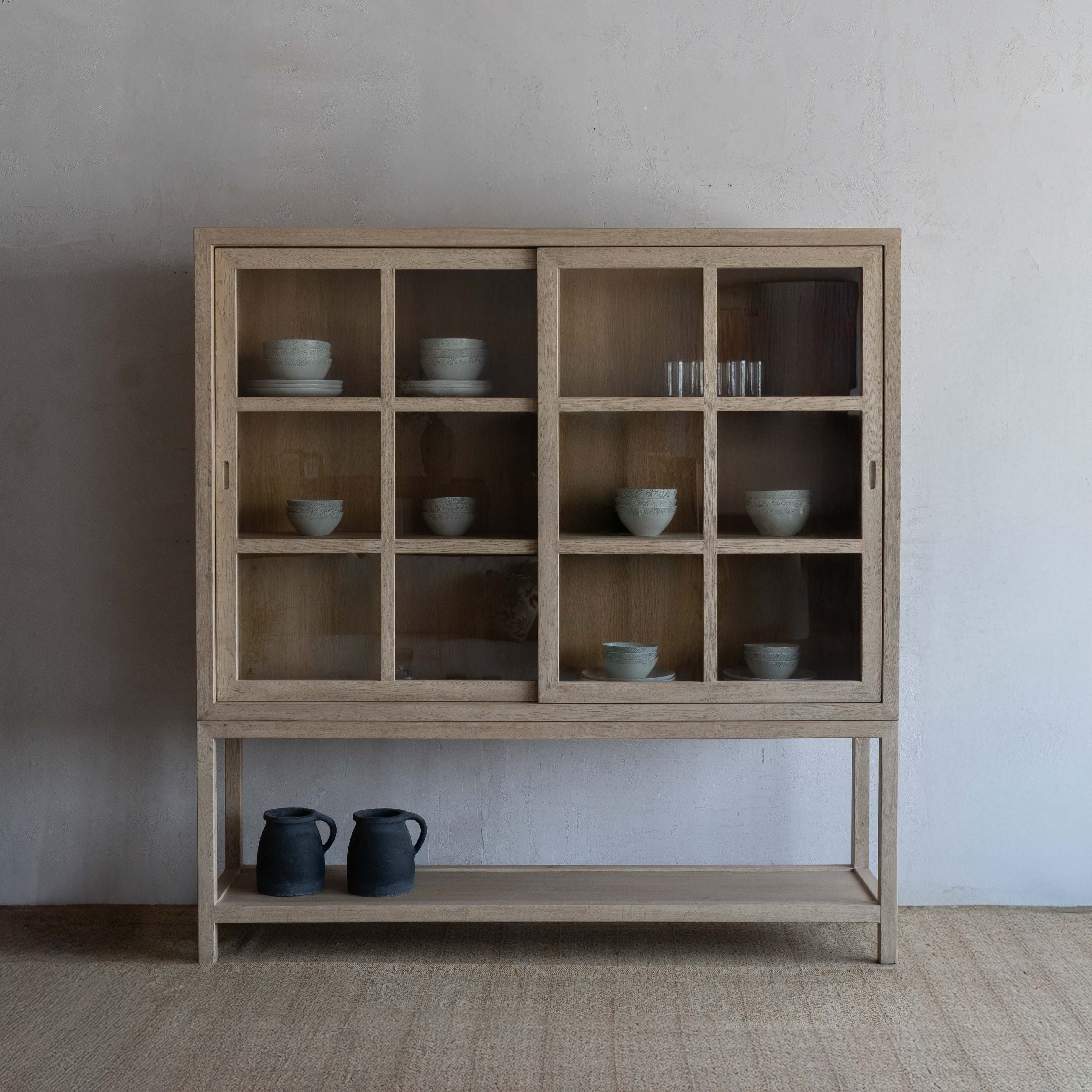Glazed Natural Oak Wood Artisan Glass Door Cabinet