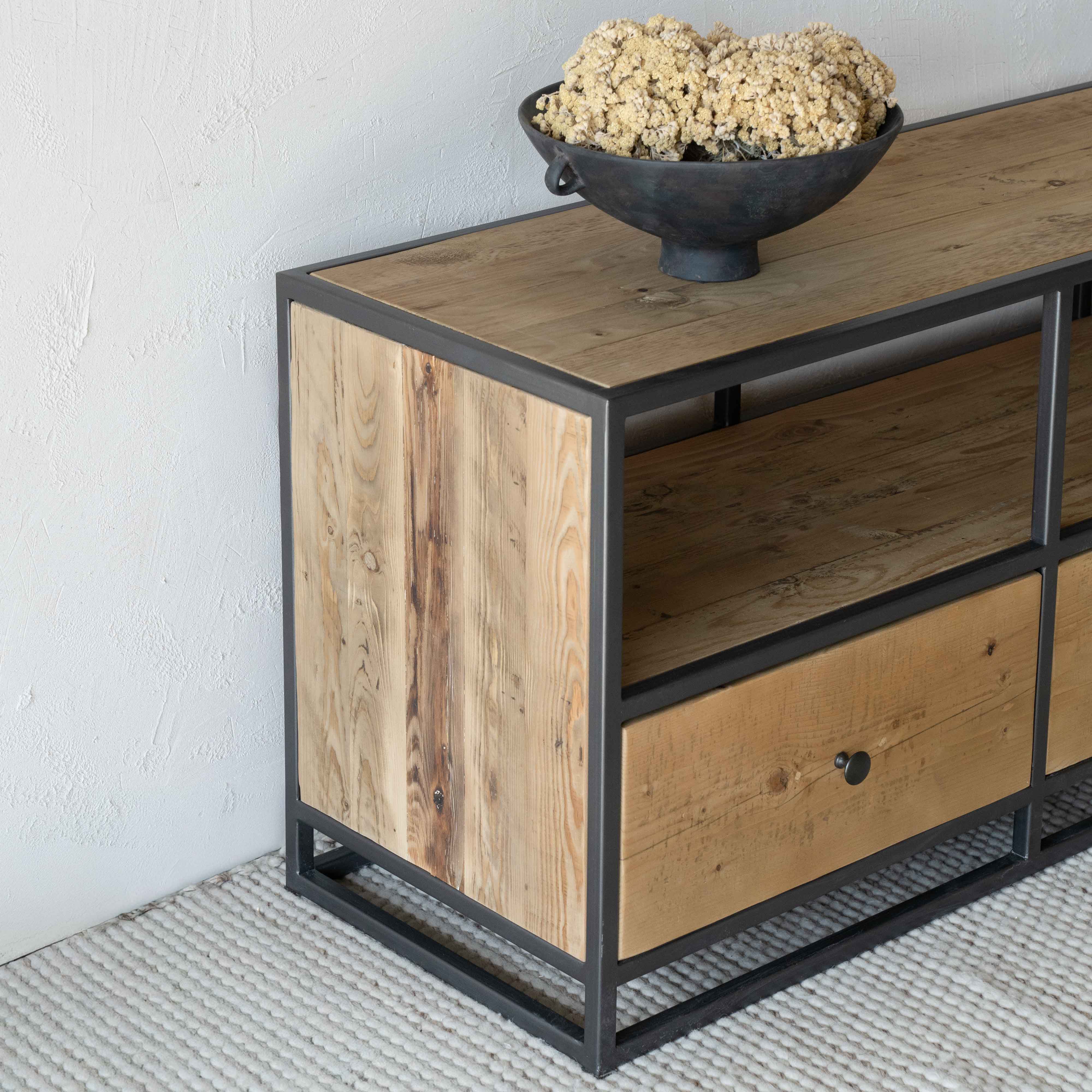 Urban Haven Industrial Solid Pine Wood TV Unit | Media Storage Cabinet