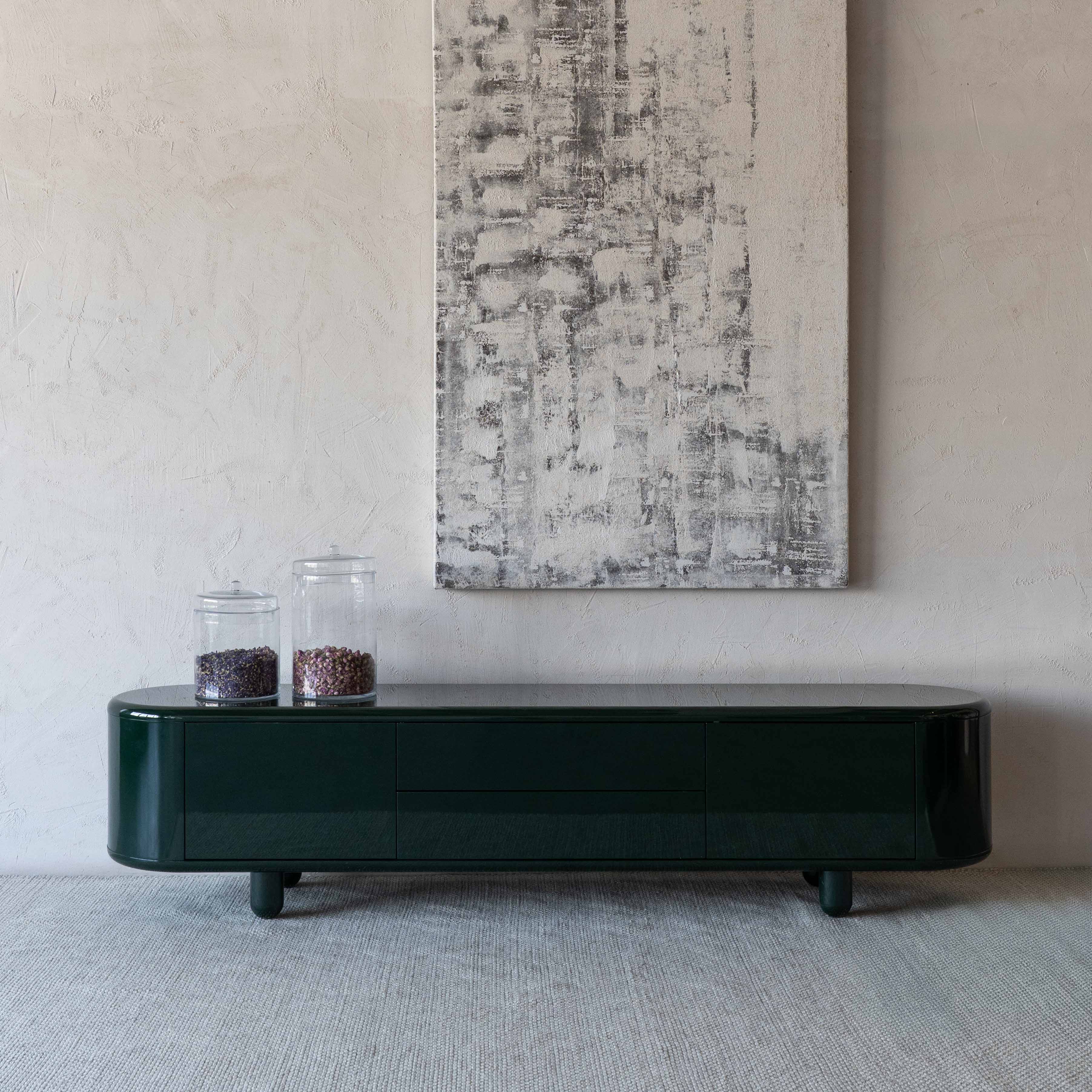 Green high gloss TV unit with modern design for Dubai home