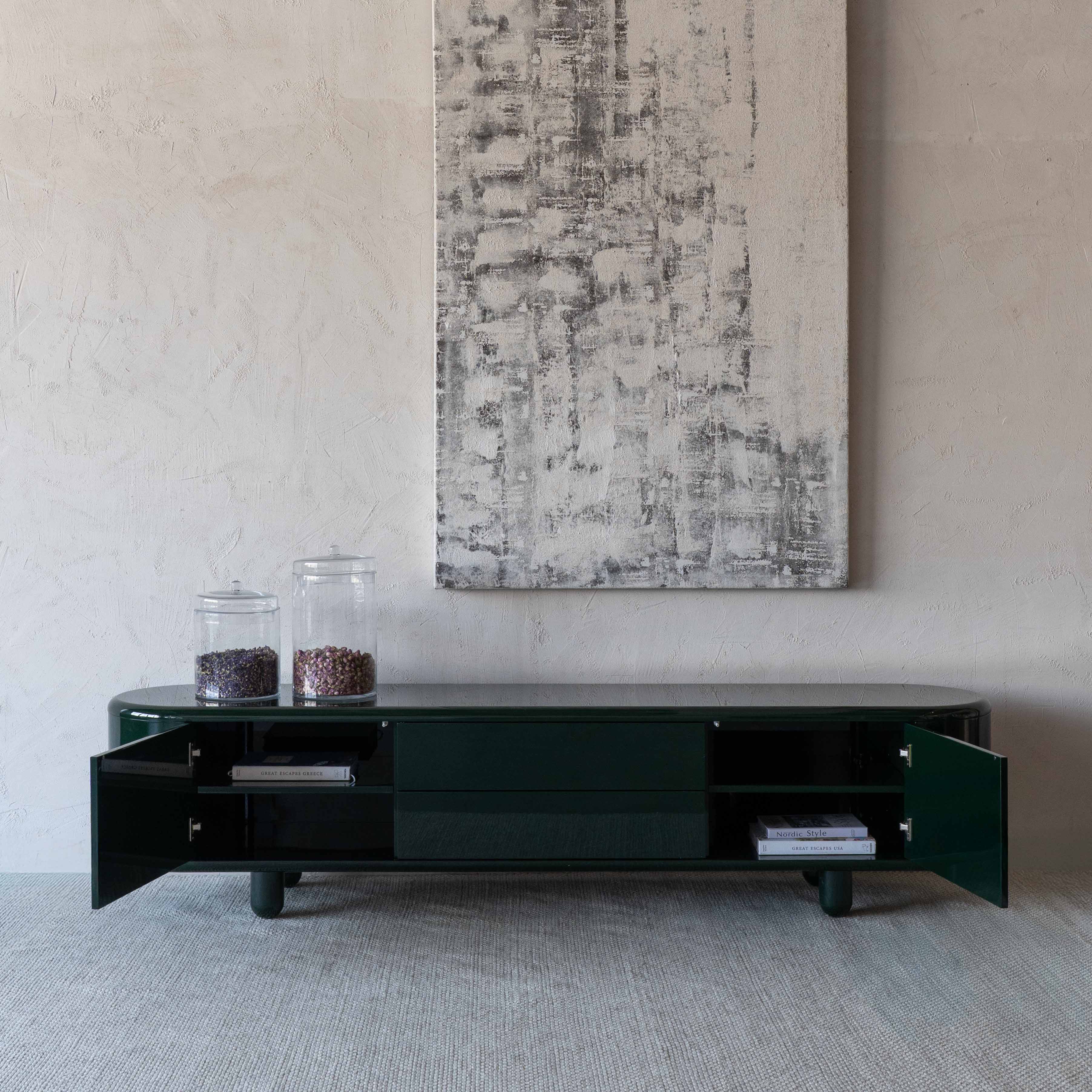 Contemporary TV stand in bold green for UAE interiors