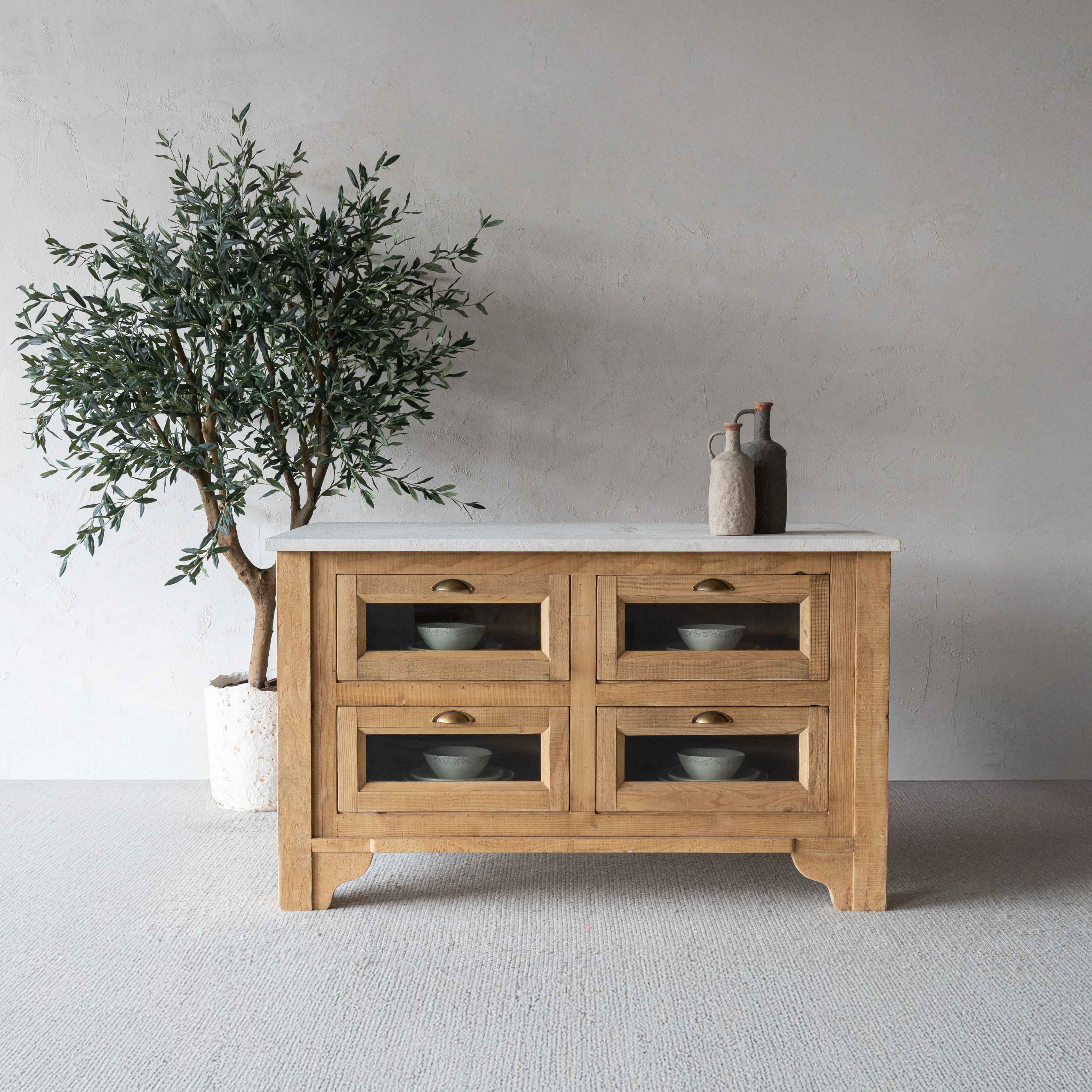 The Artisan Lime Stone Top & Wood Kitchen Island With Bar Table