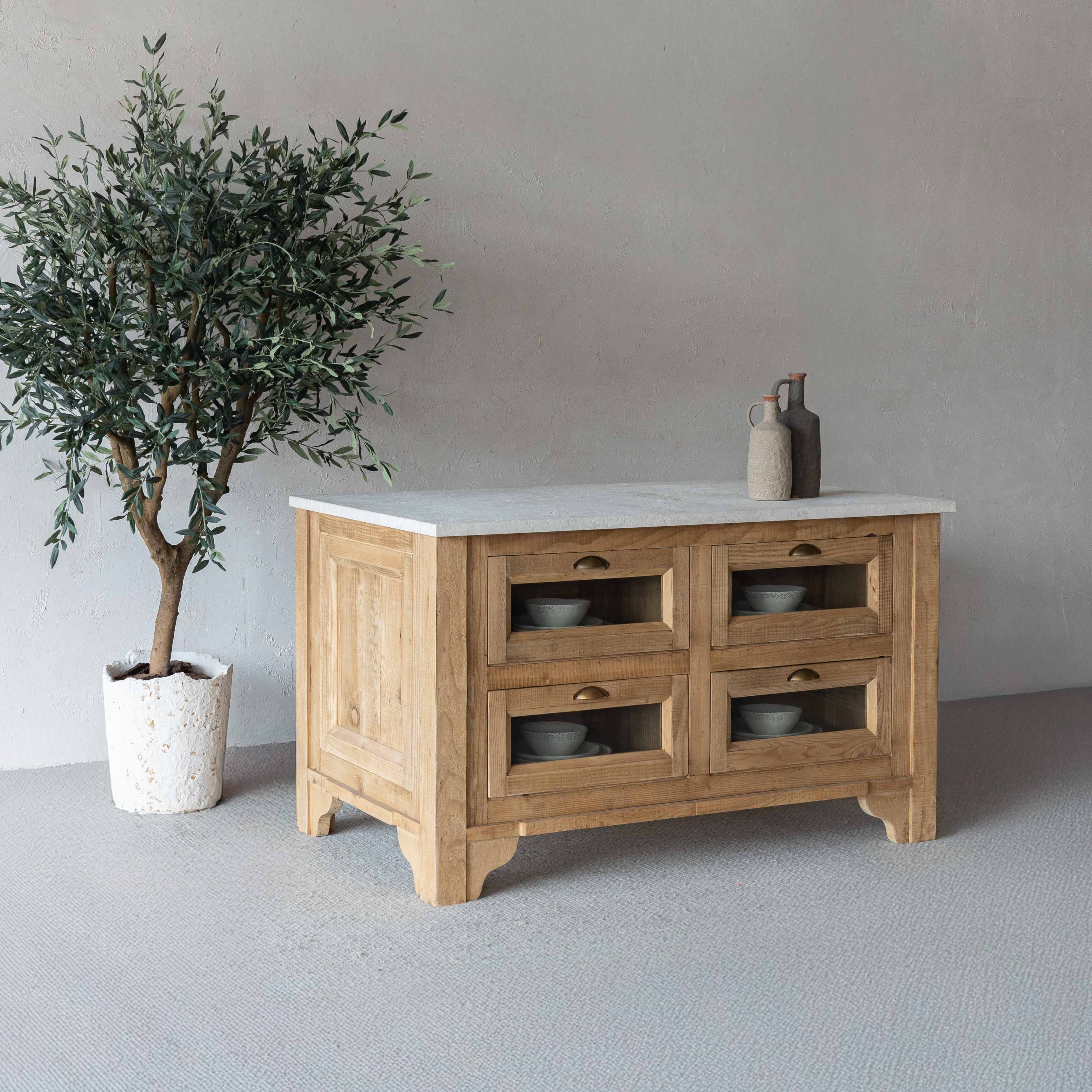 The Artisan Lime Stone Top & Wood Kitchen Island With Bar Table