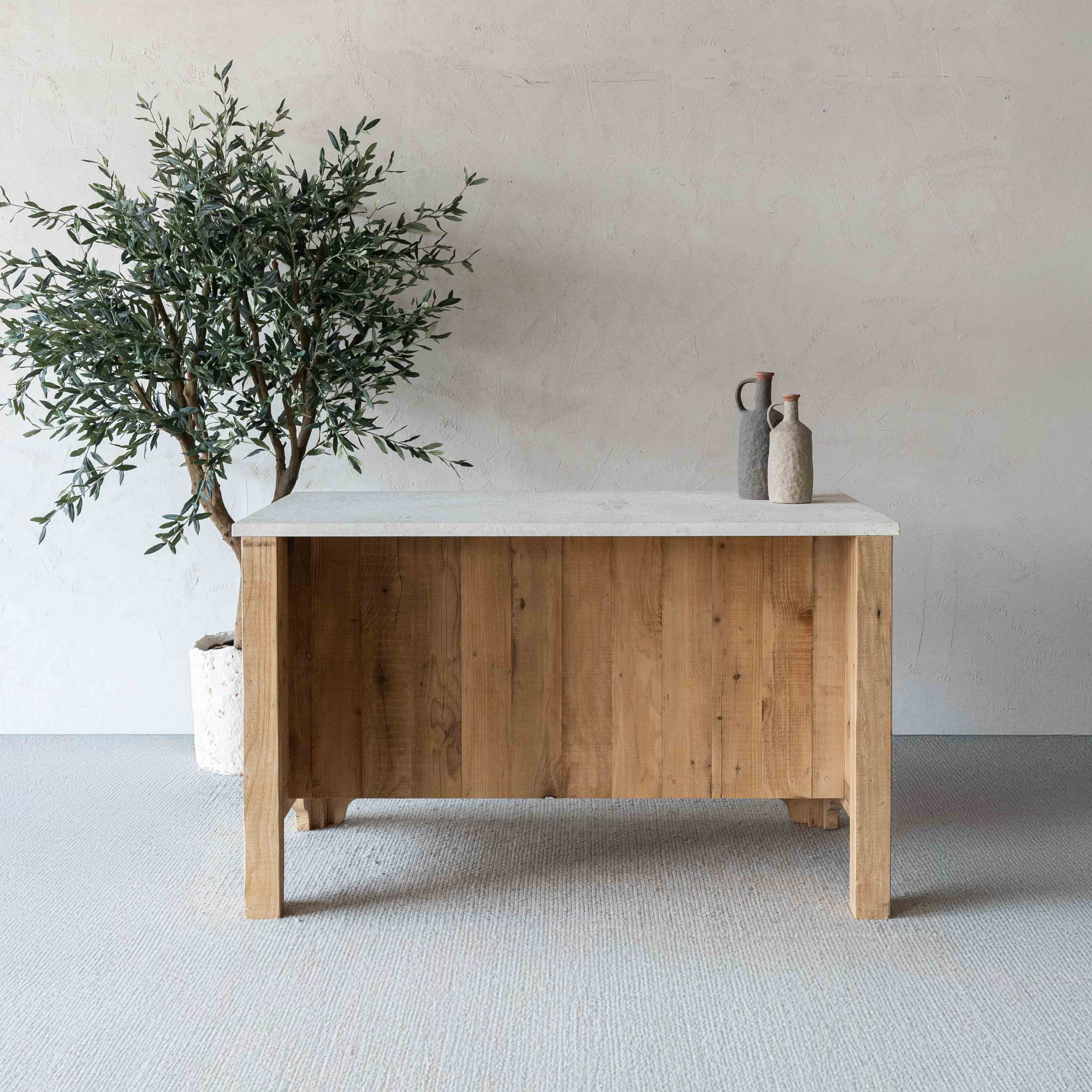 The Artisan Lime Stone Top & Wood Kitchen Island With Bar Table