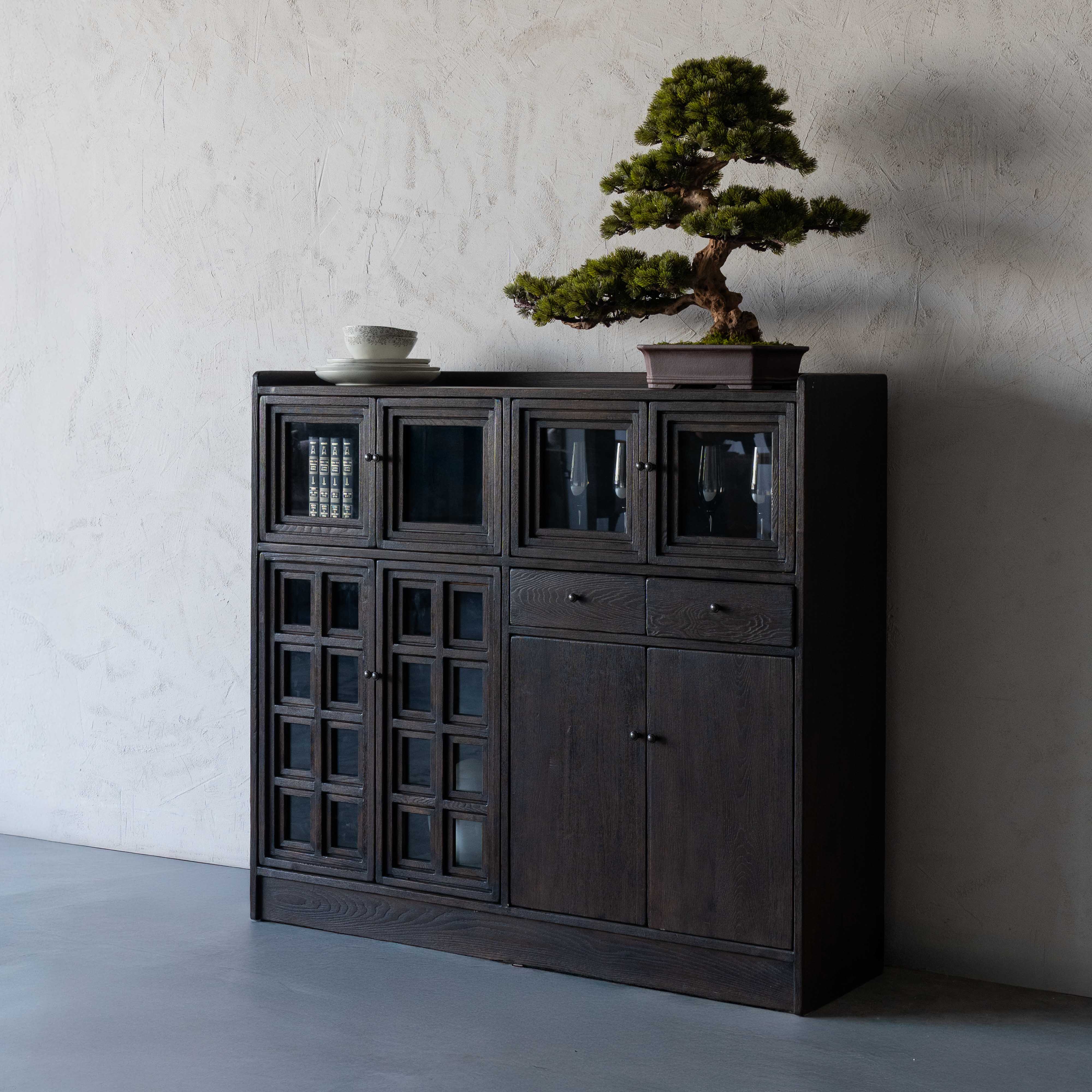 Kylo Dark Wood and Glass Mid Century Cabinet
