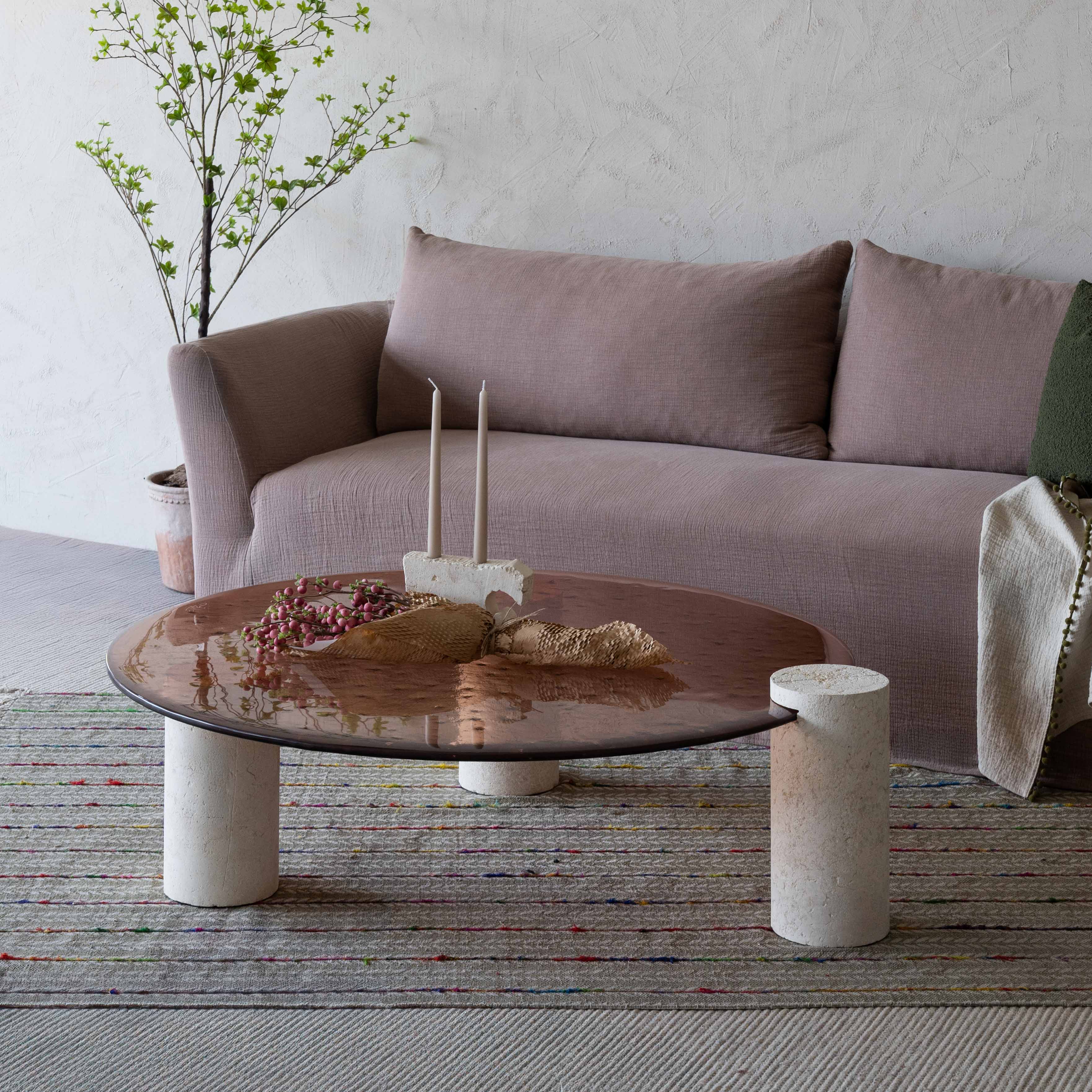 Laura Glass Top & Lime Stone Base Round Coffee Table