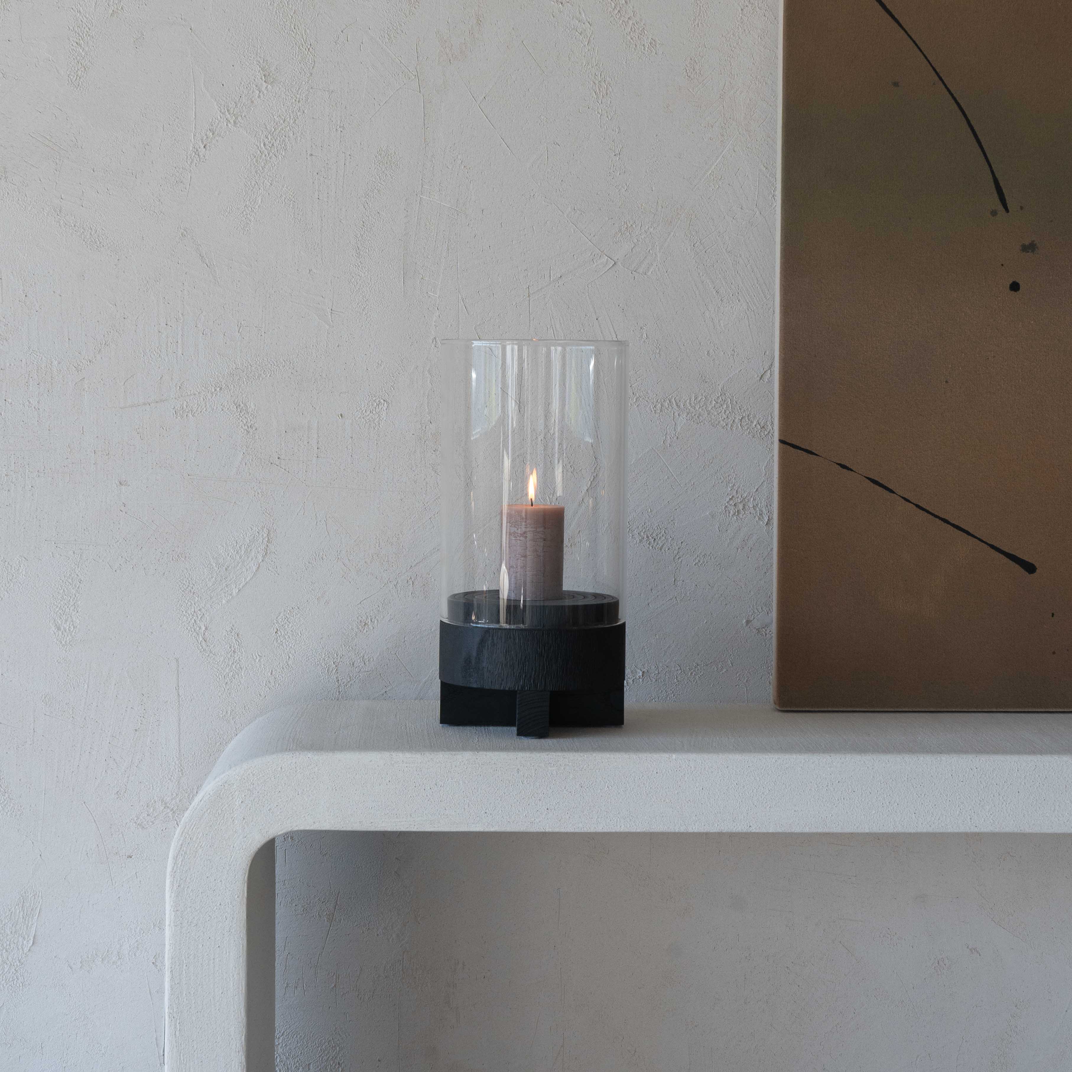 Lustre Solid Wood Black Candle Holder With Glass Cover