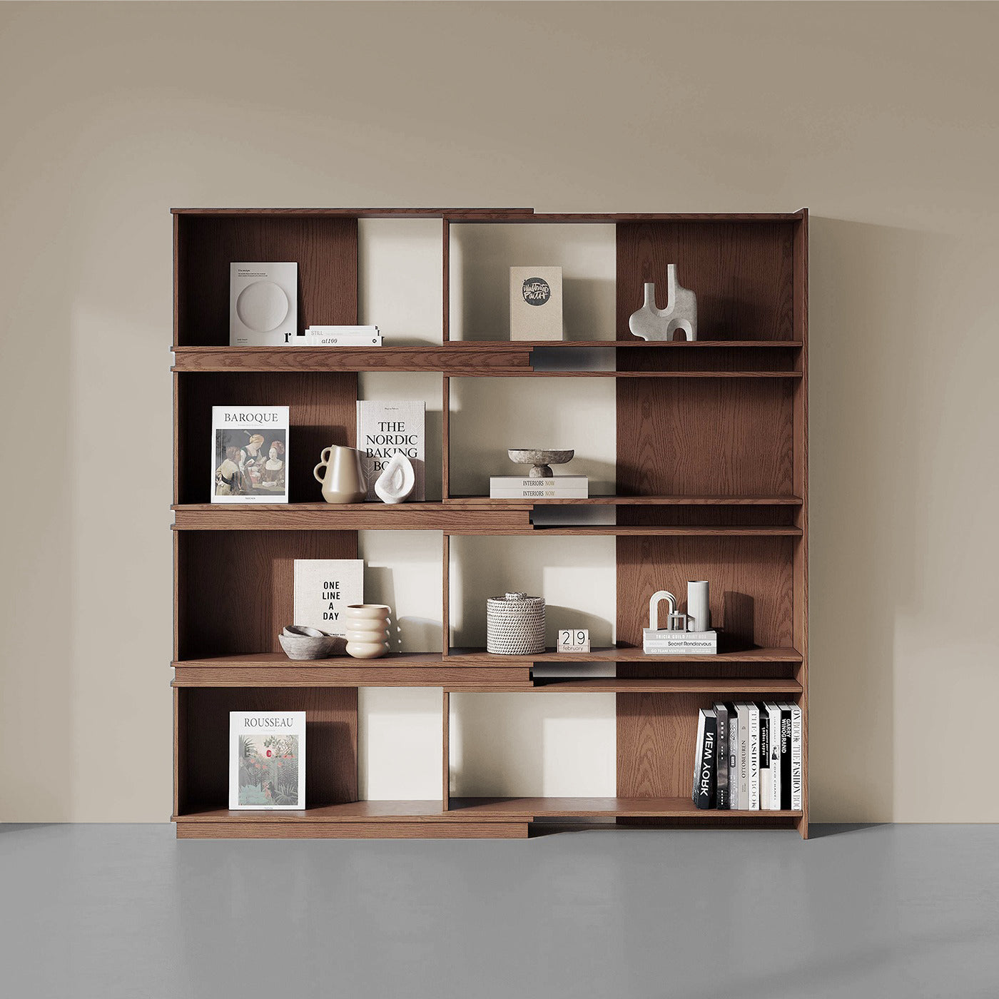 Wooden bookshelf with decorative items against a beige wall