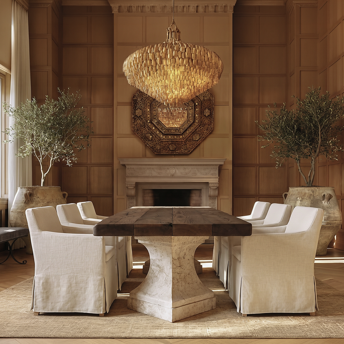 Agora Solid Oak & Carved Stone Long Dining Table