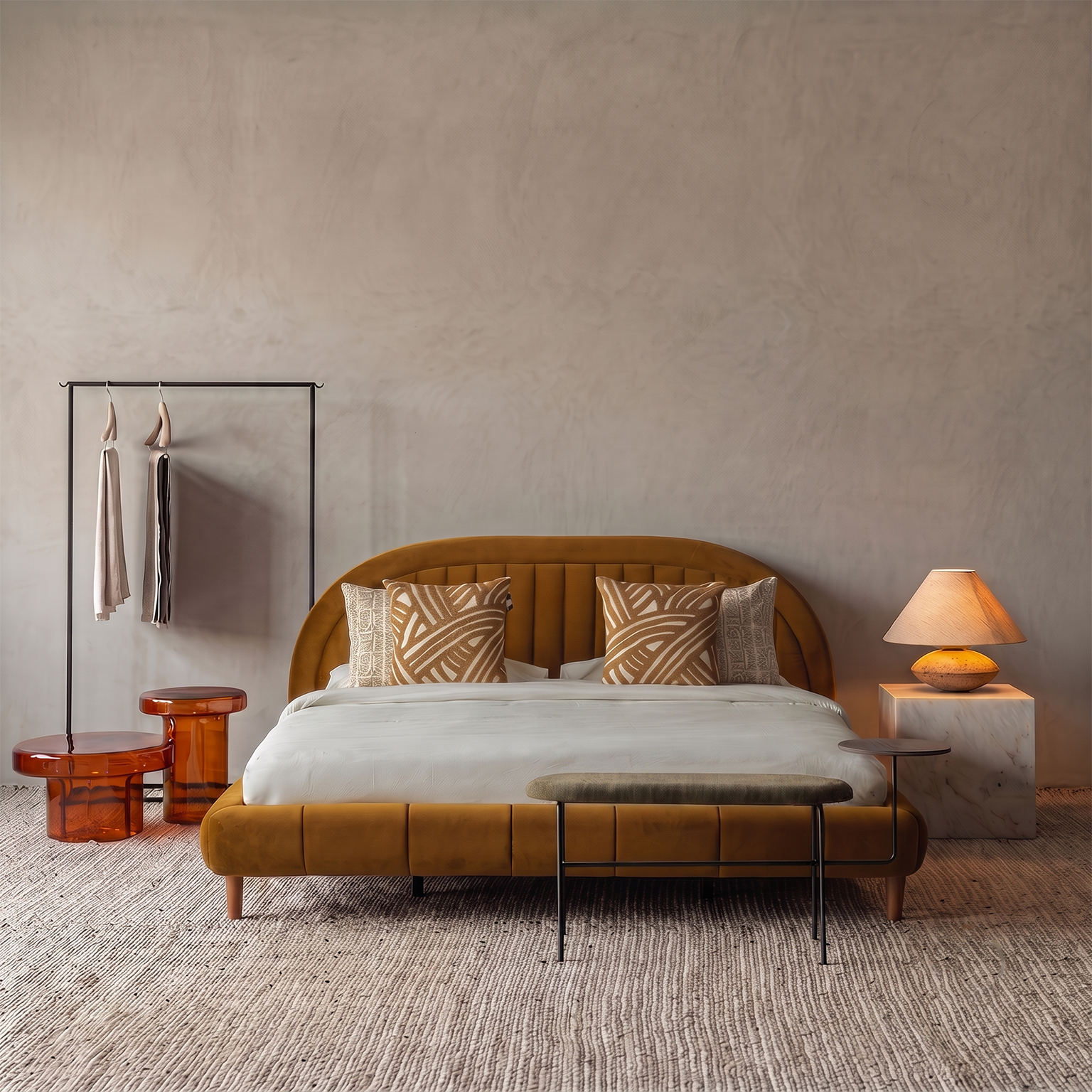 Harvest Arch Mustard Velvet Modern King Size Bed