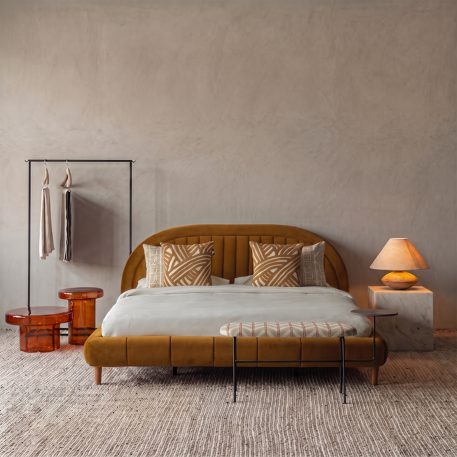 Harvest Arch Mustard Velvet Modern King Size Bed
