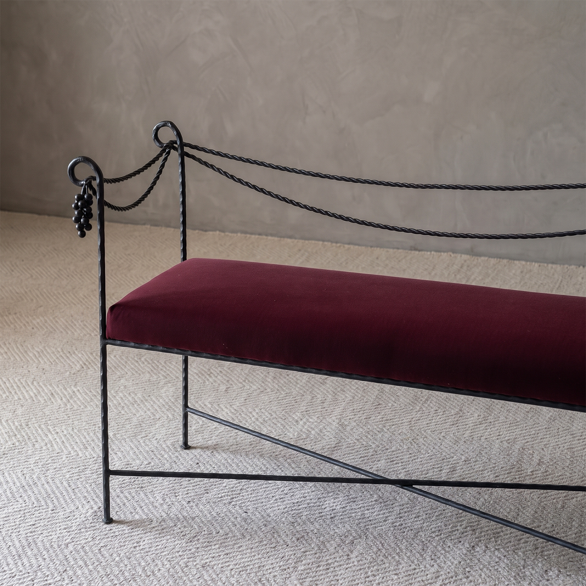 Toscana Wrought Iron Accent Bench – Burgundy Velvet