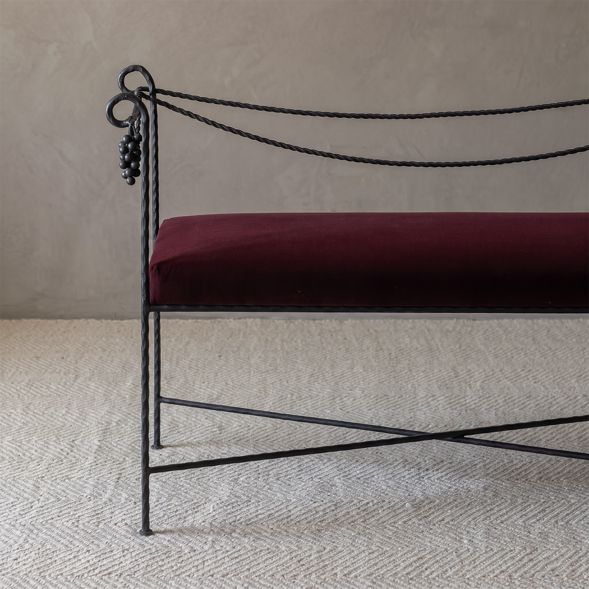 Toscana Wrought Iron Accent Bench – Burgundy Velvet
