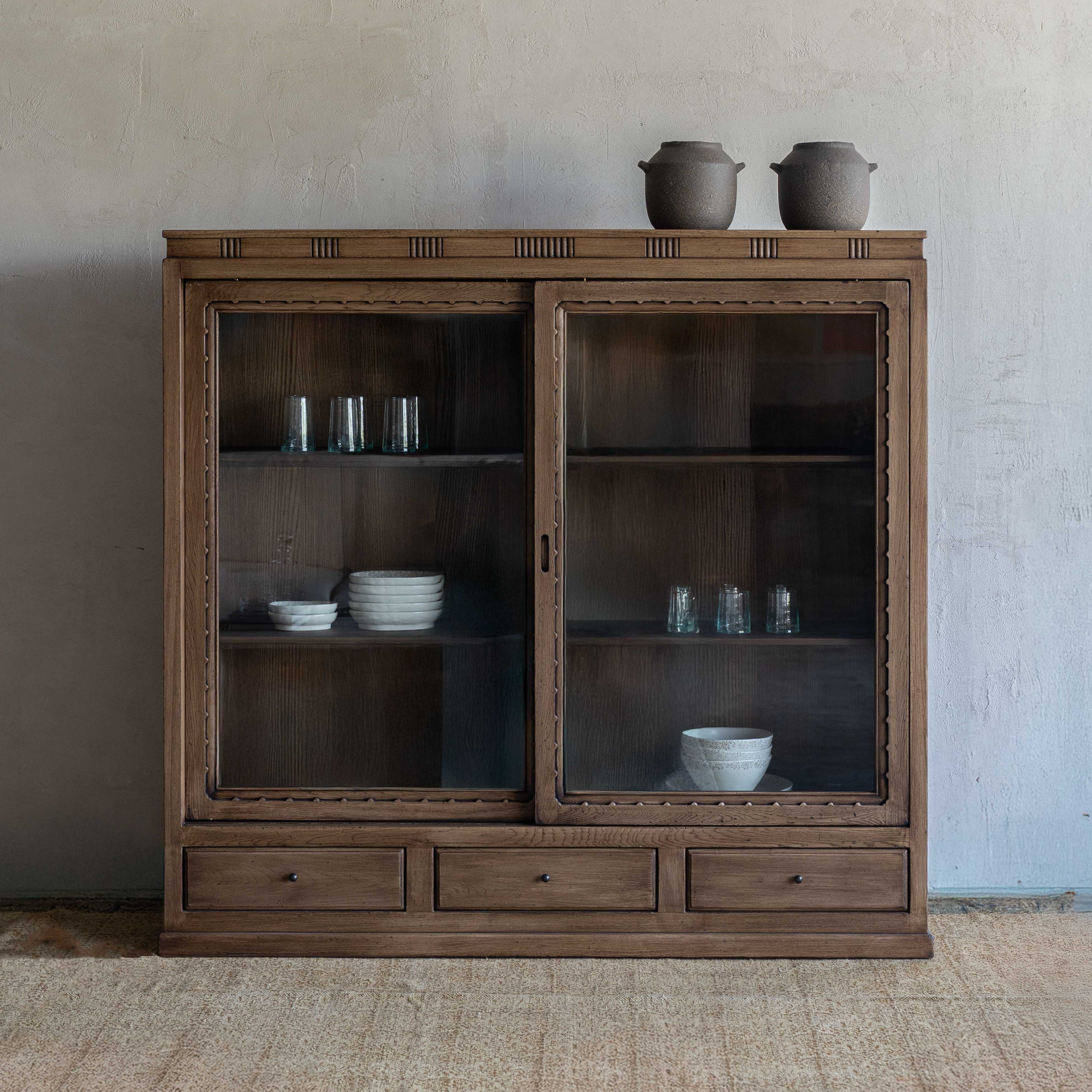 Eldran Solid Oak Wood Artisan Glass Door Cabinet - Cabinets - WS Living Furniture  Furniture Store in Dubai