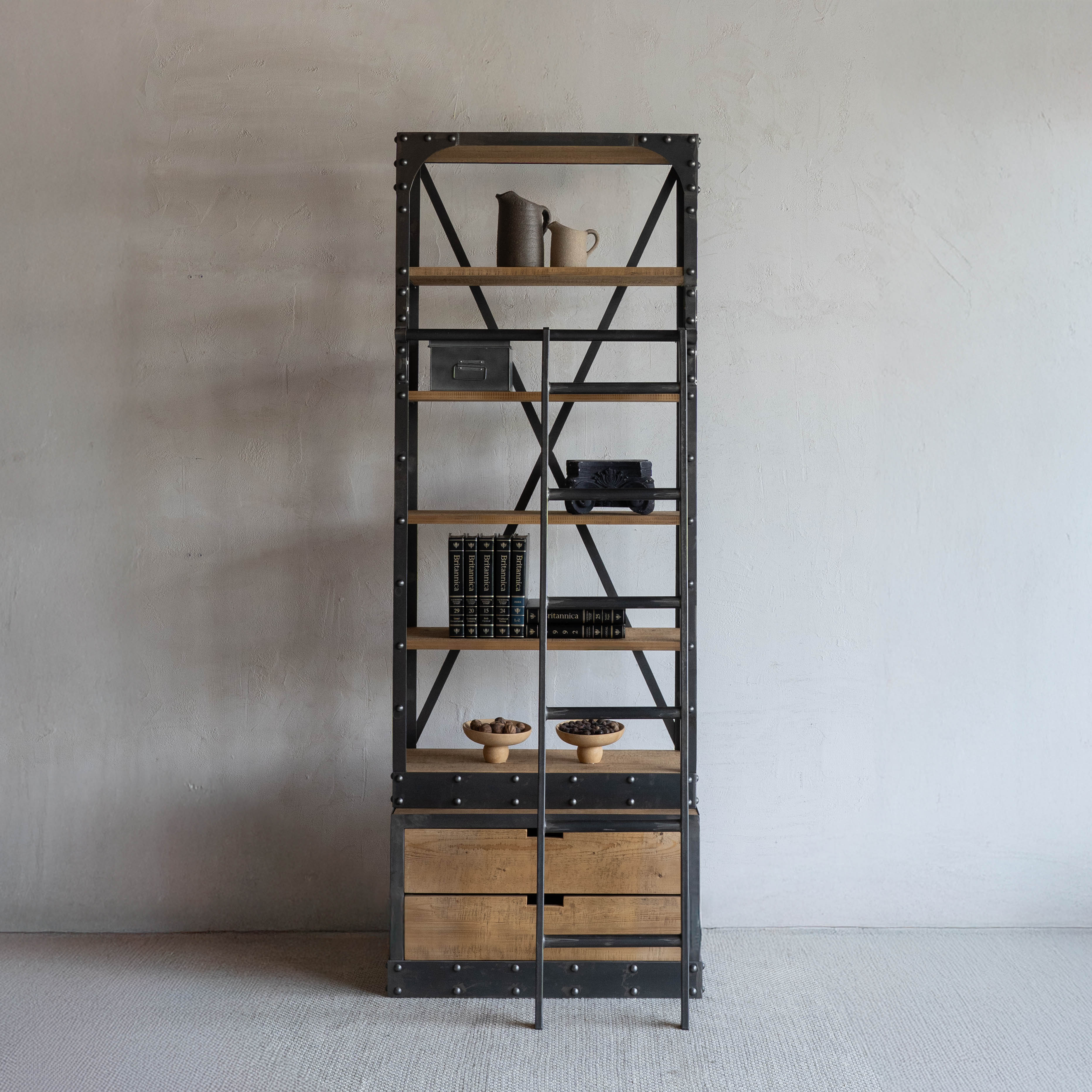 Nordic Urban Industrial Solid Wood Bookshelf Rack With Ladder - SMALL