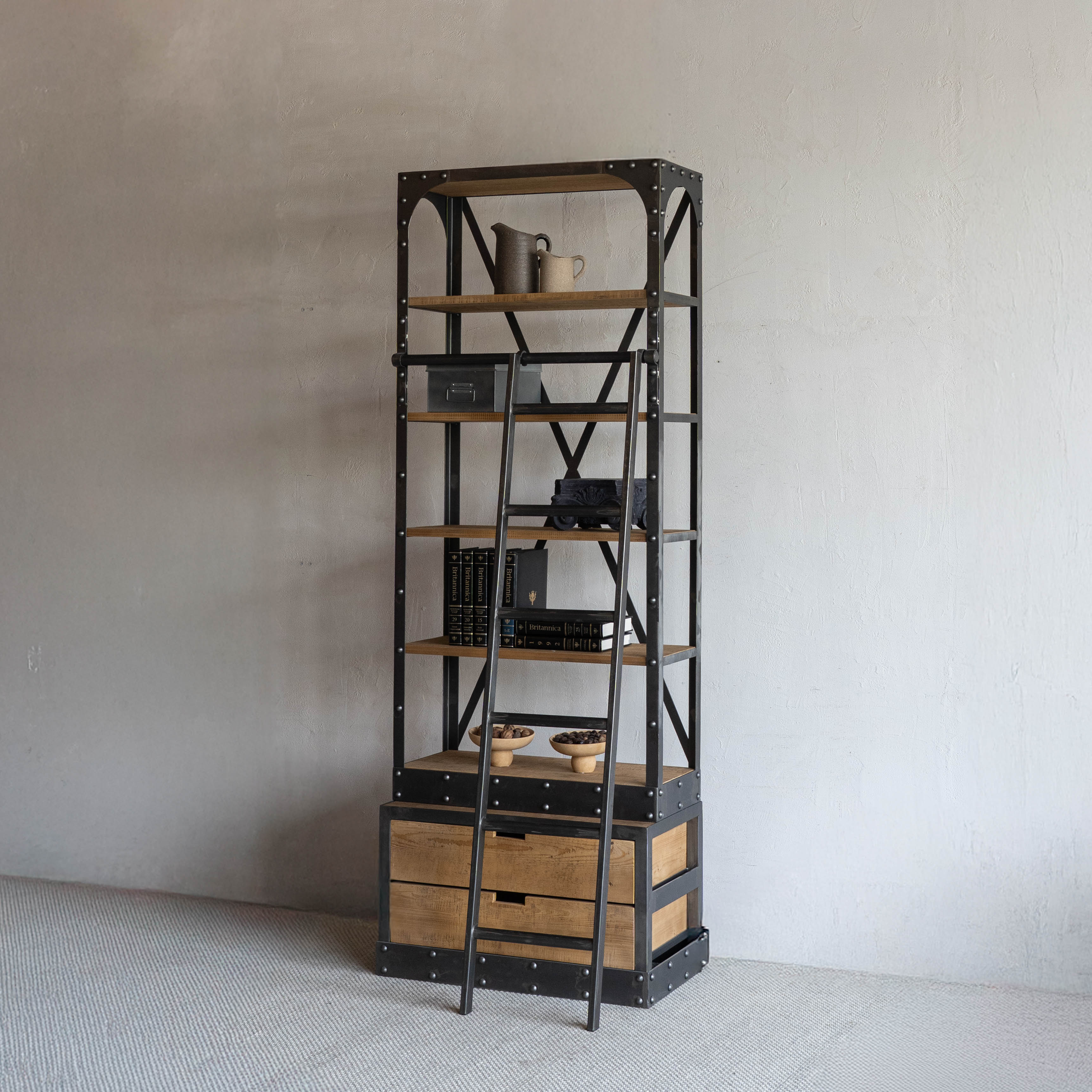 Nordic Urban Industrial Solid Wood Bookshelf Rack With Ladder - SMALL