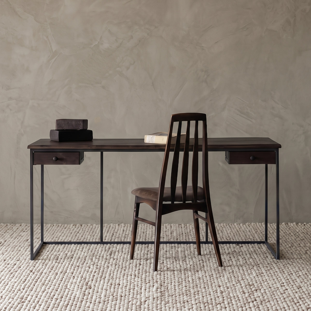 Nordic Industrial Desk | Study Table With Drawers - WALNUT