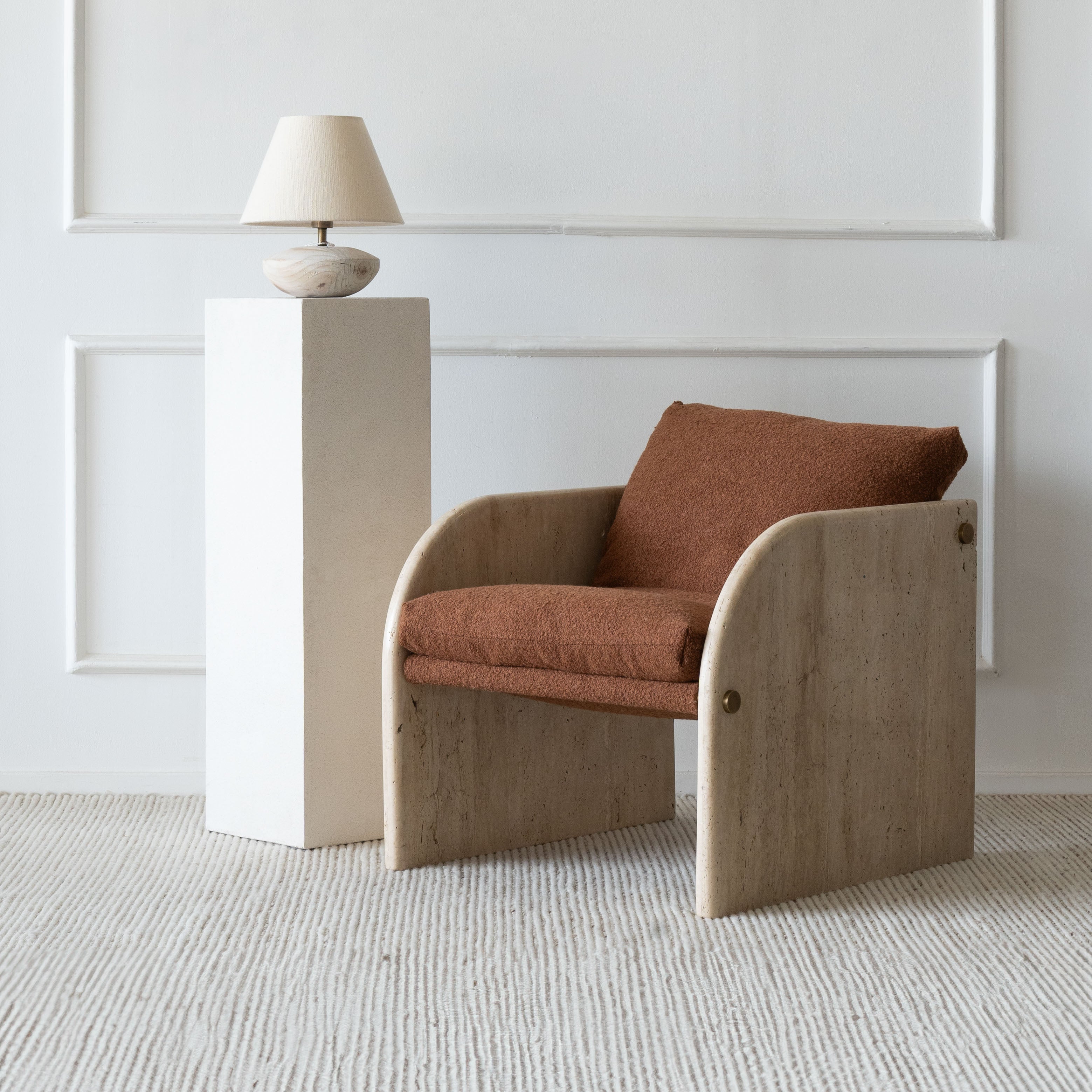 Palm Armchair-Boucle Brown with Travertine Marble Frame  - WS Living - UAE - Lounge Chair Wood and steel Furnitures - Dubai