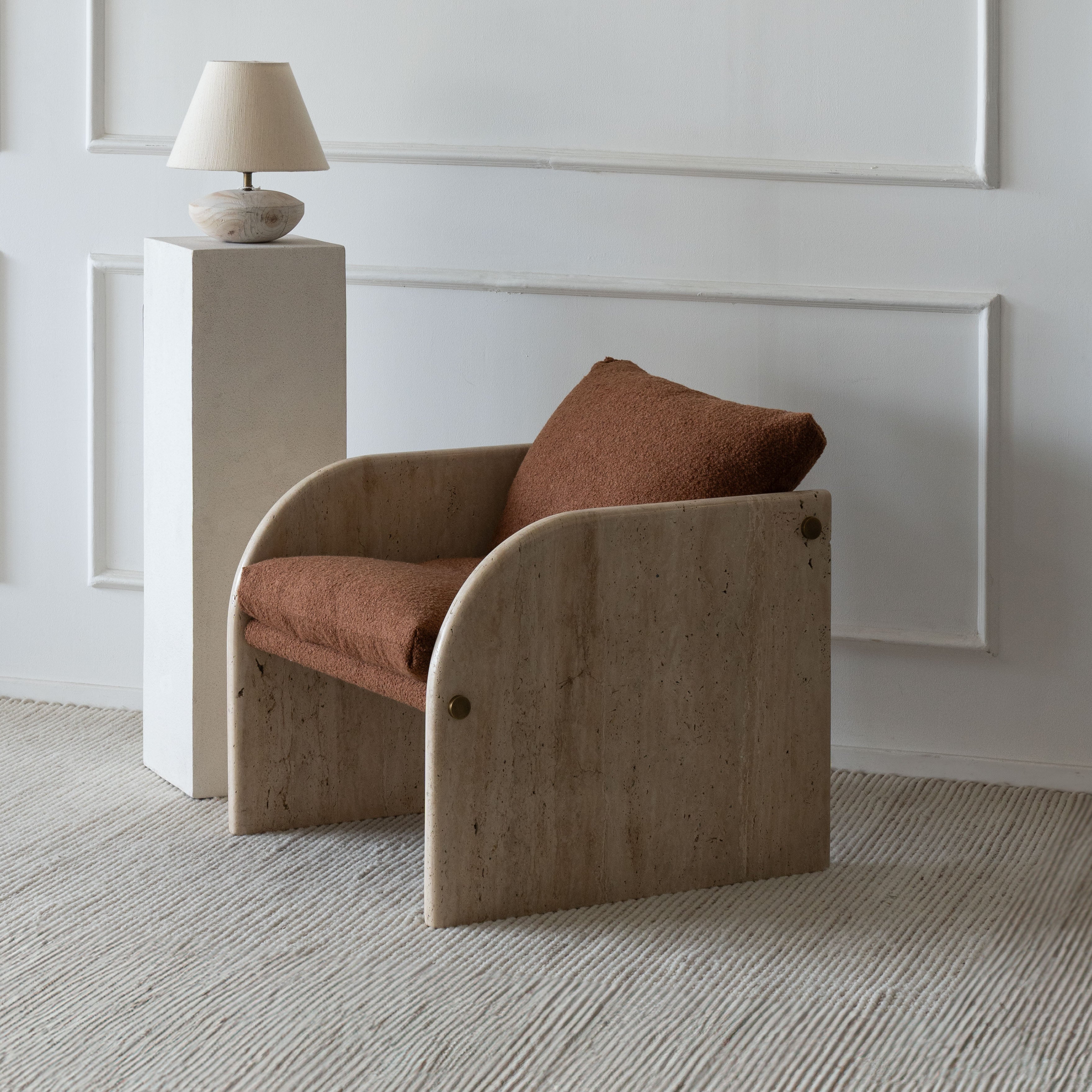 Palm Armchair-Boucle Brown with Travertine Marble Frame  - WS Living - UAE - Lounge Chair Wood and steel Furnitures - Dubai