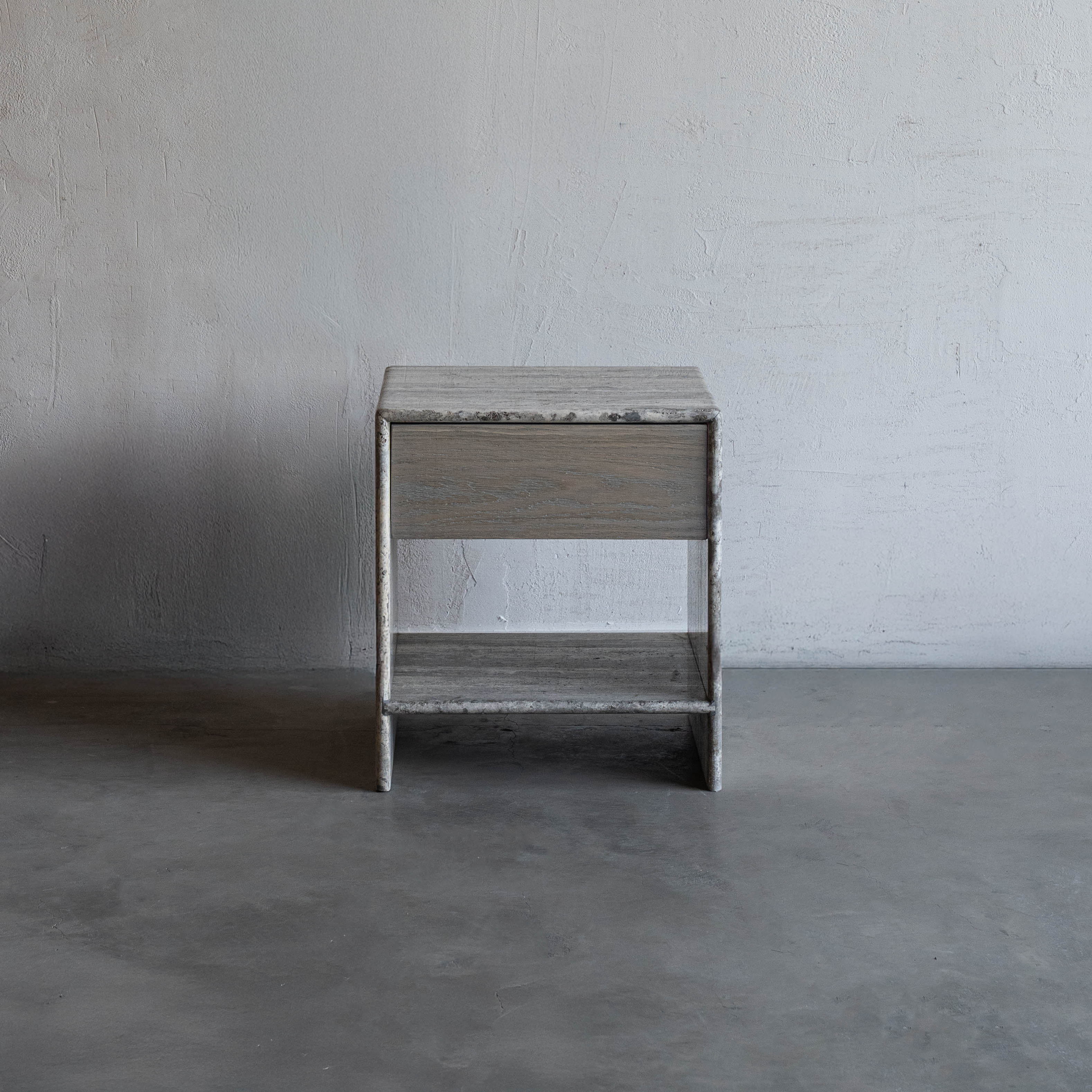 Palm Travertine Marble Bed Side Table W/Drawers - Grey