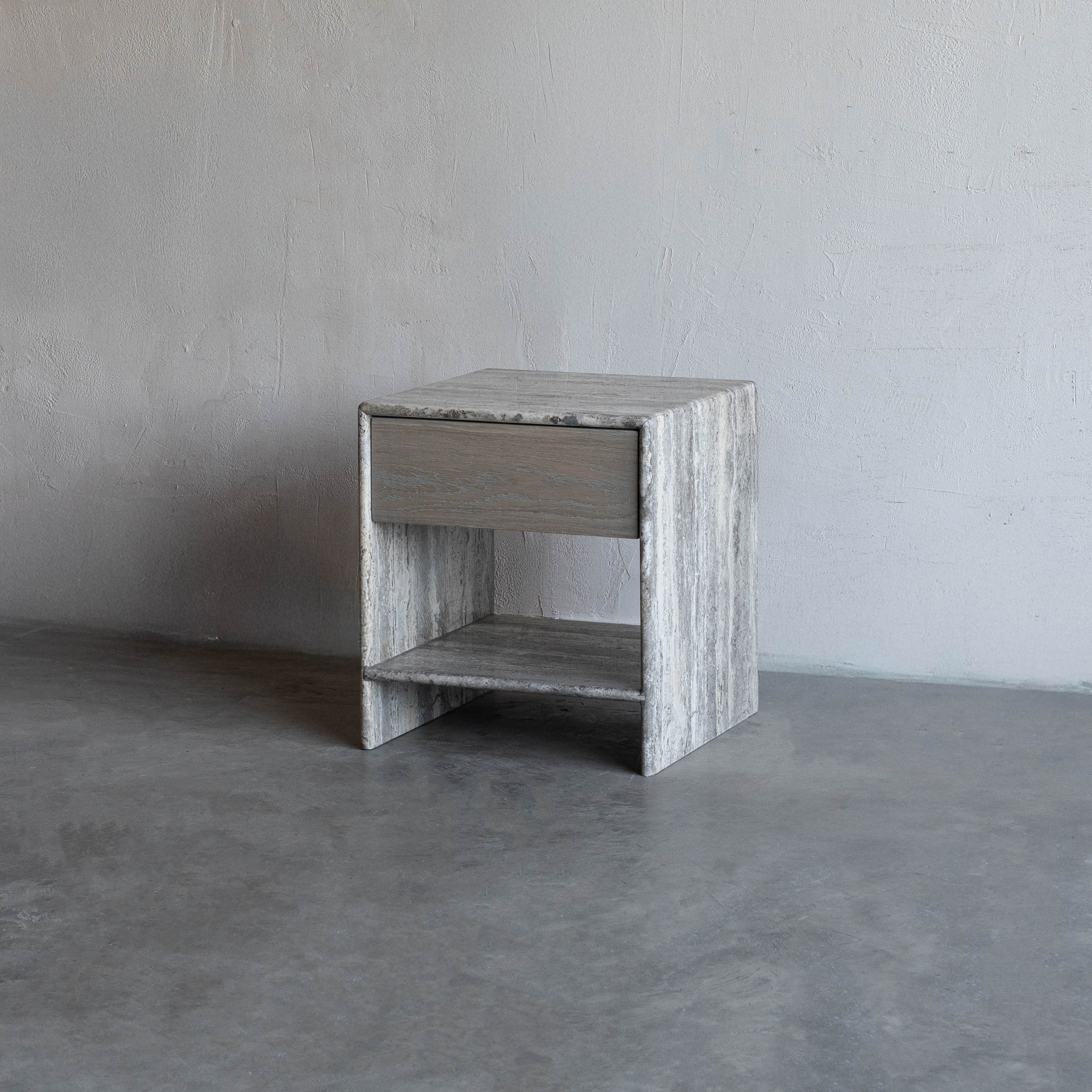 Palm Travertine Marble Bed Side Table W/Drawers - Grey