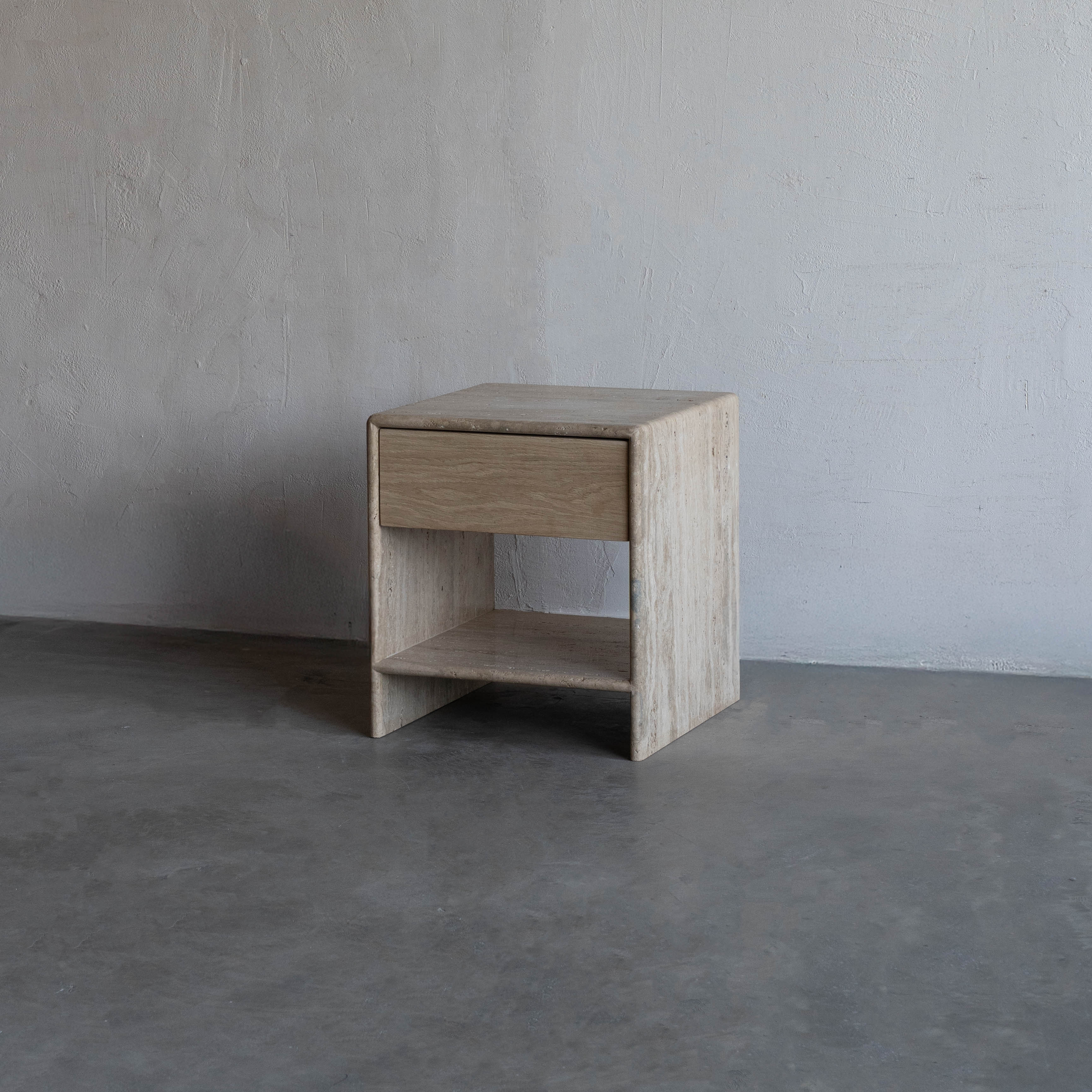 Palm Travertine Marble Bed Side Table W/Drawers - Beige
