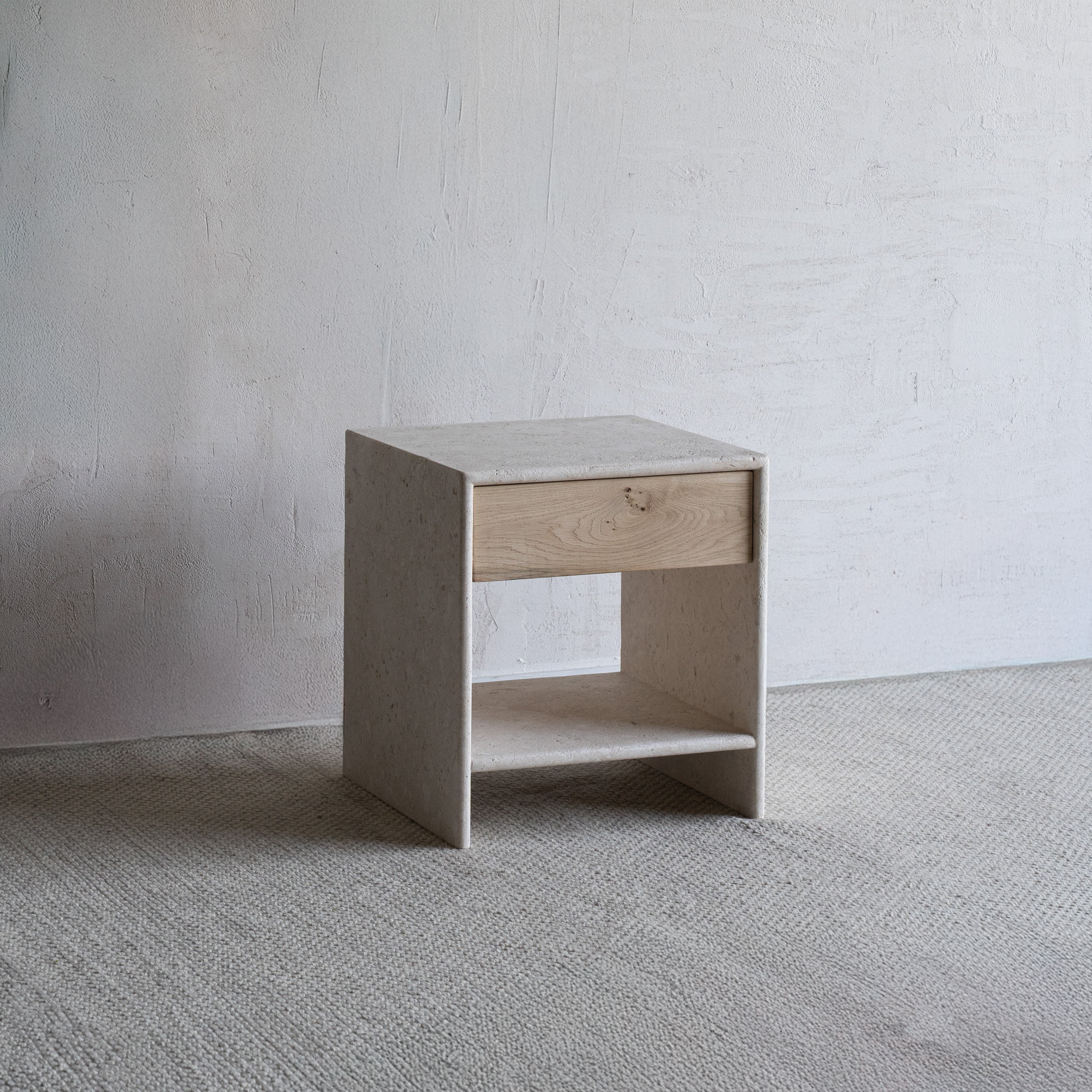 Palm Limestone Marble Bed Side Table W/Drawers - Beige