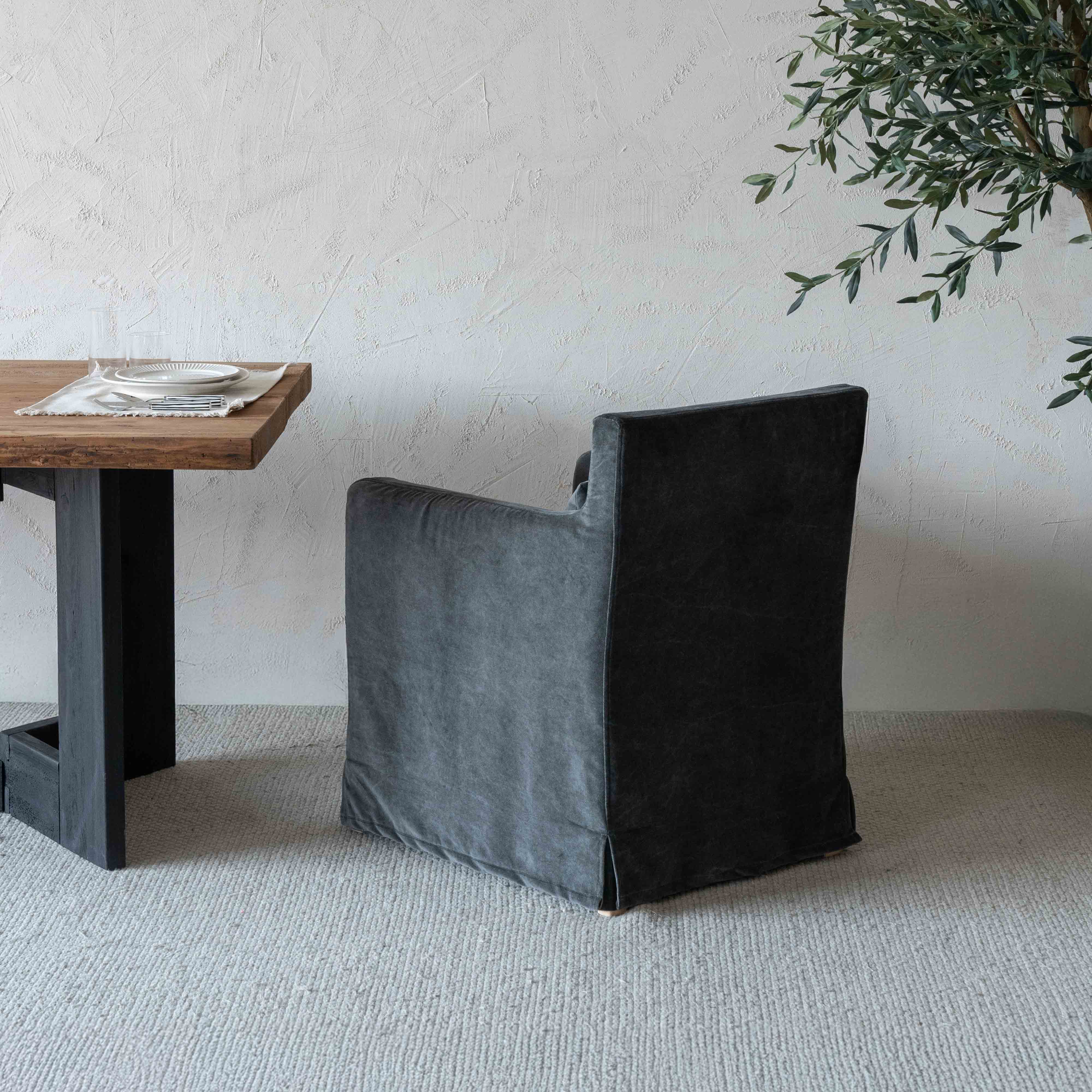 Sculpt Armrest Velvet and Wood Dining Chair