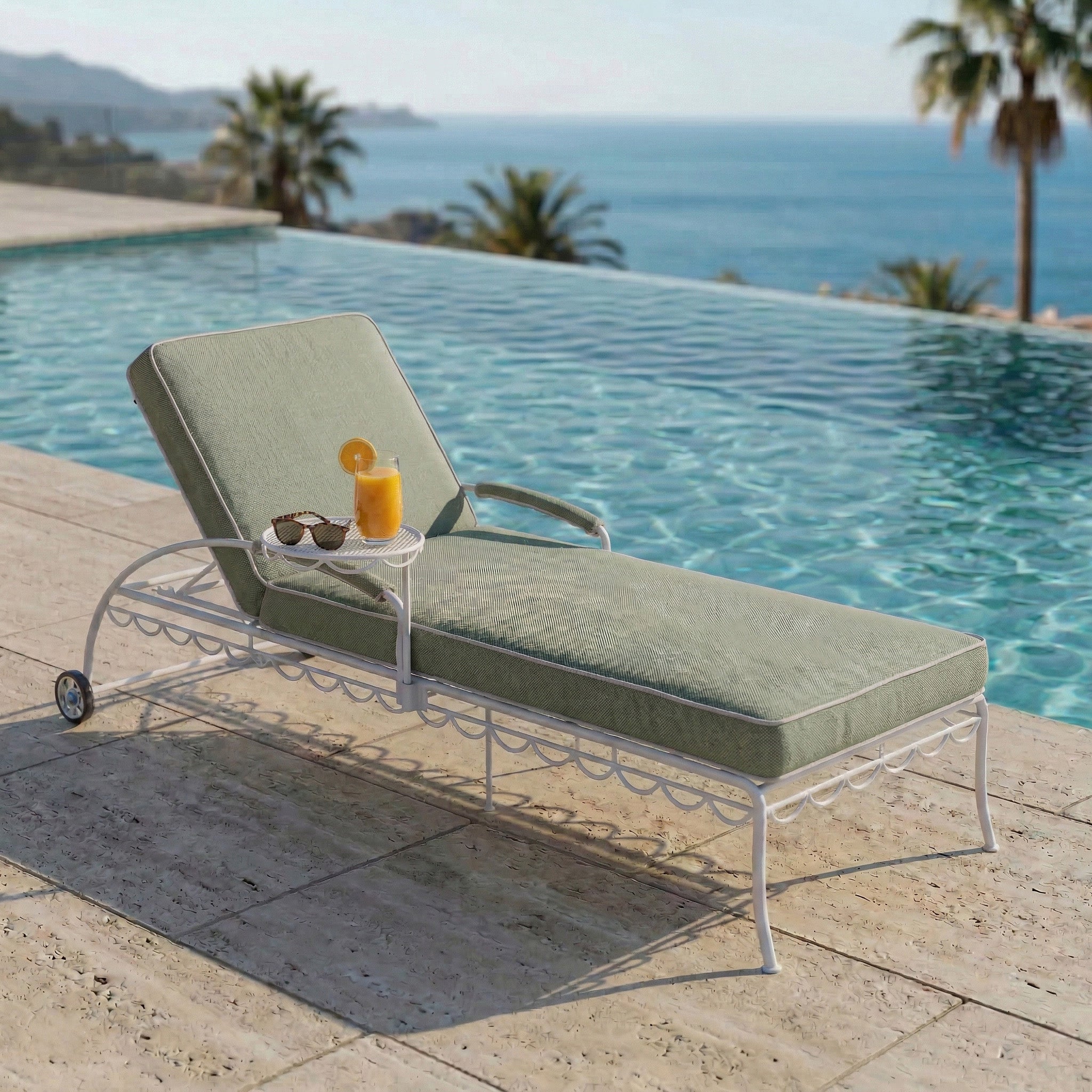 Shams Wrought Sun Lounger Chaise With Side Table - GREEN