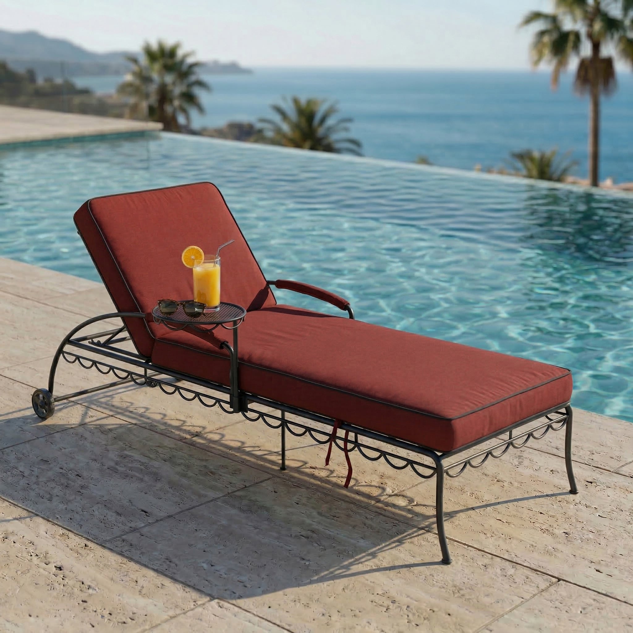 Shams Wrought Relax Sun Lounger Chaise With Side Table - RED