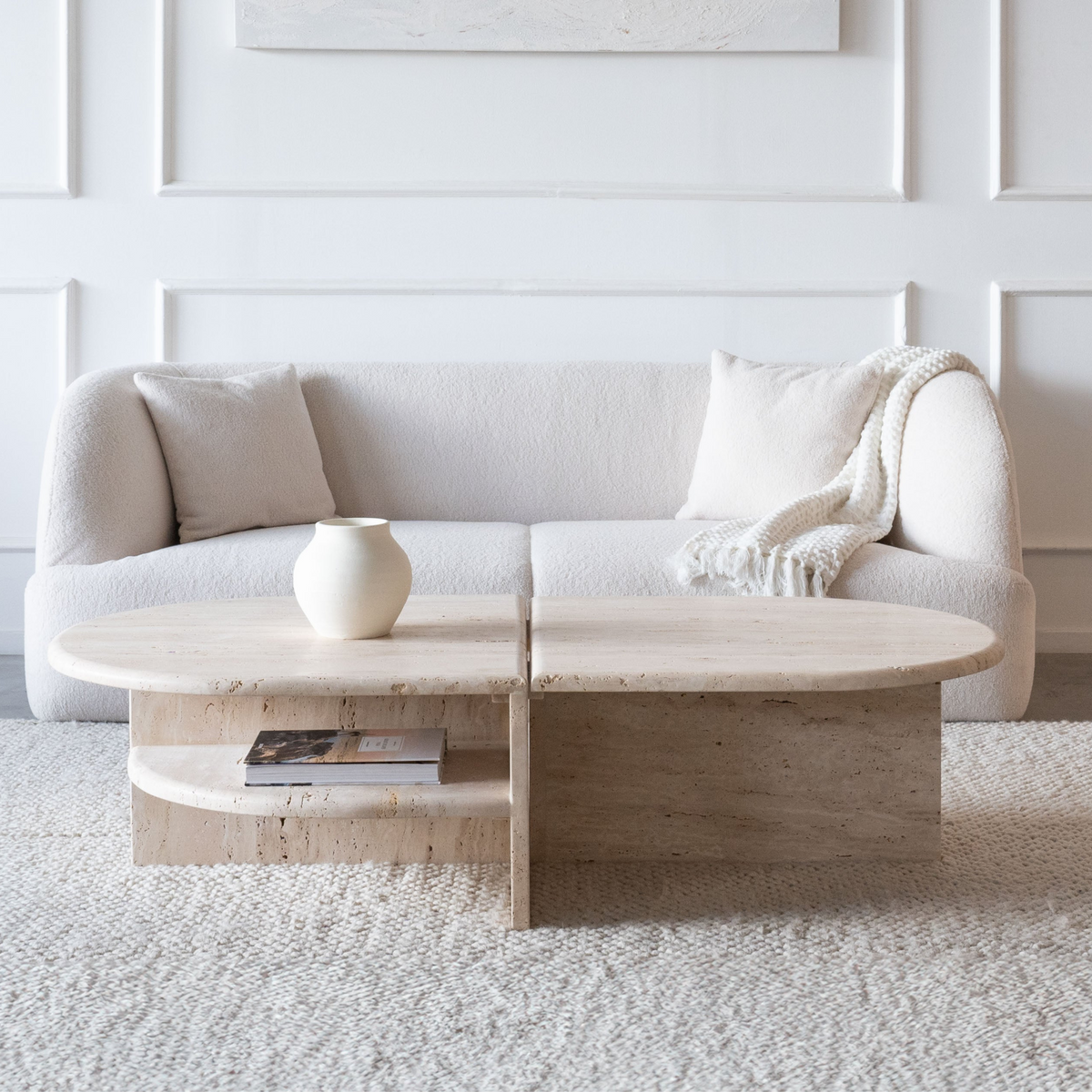 Palm travertine marble oval coffee table