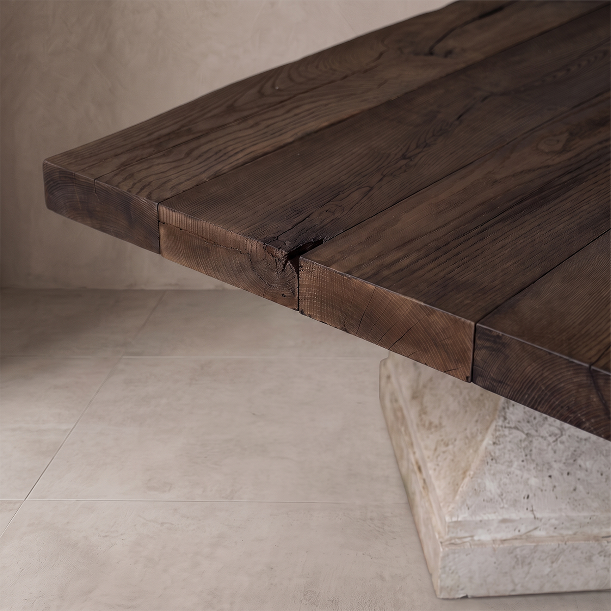 Agora Solid Oak & Carved Stone Long Dining Table