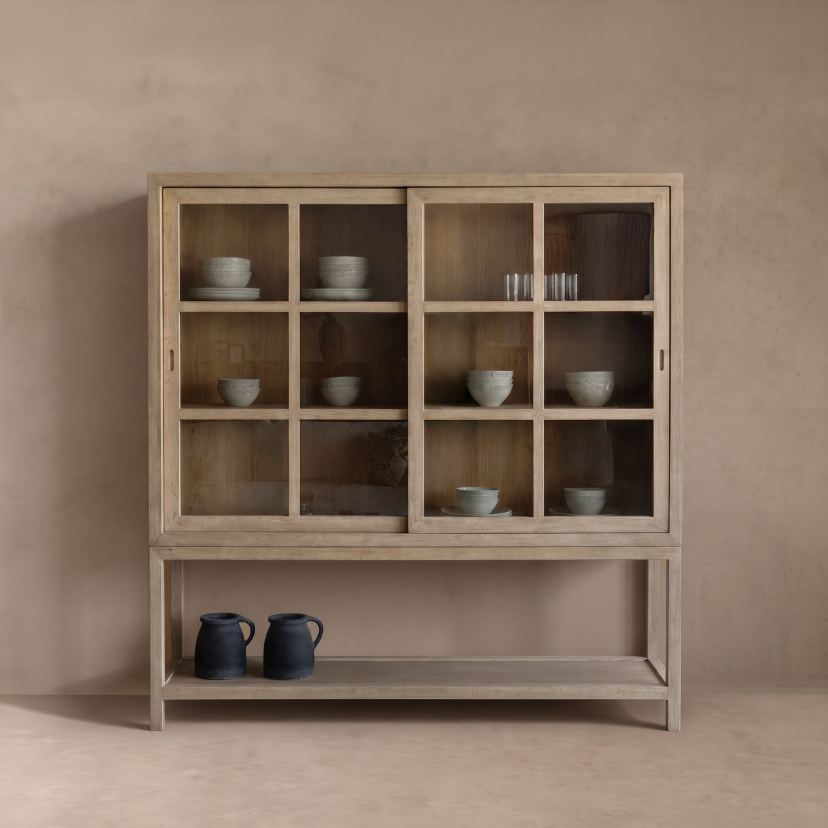 Glazed Natural Oak Wood Artisan Glass Door Cabinet
