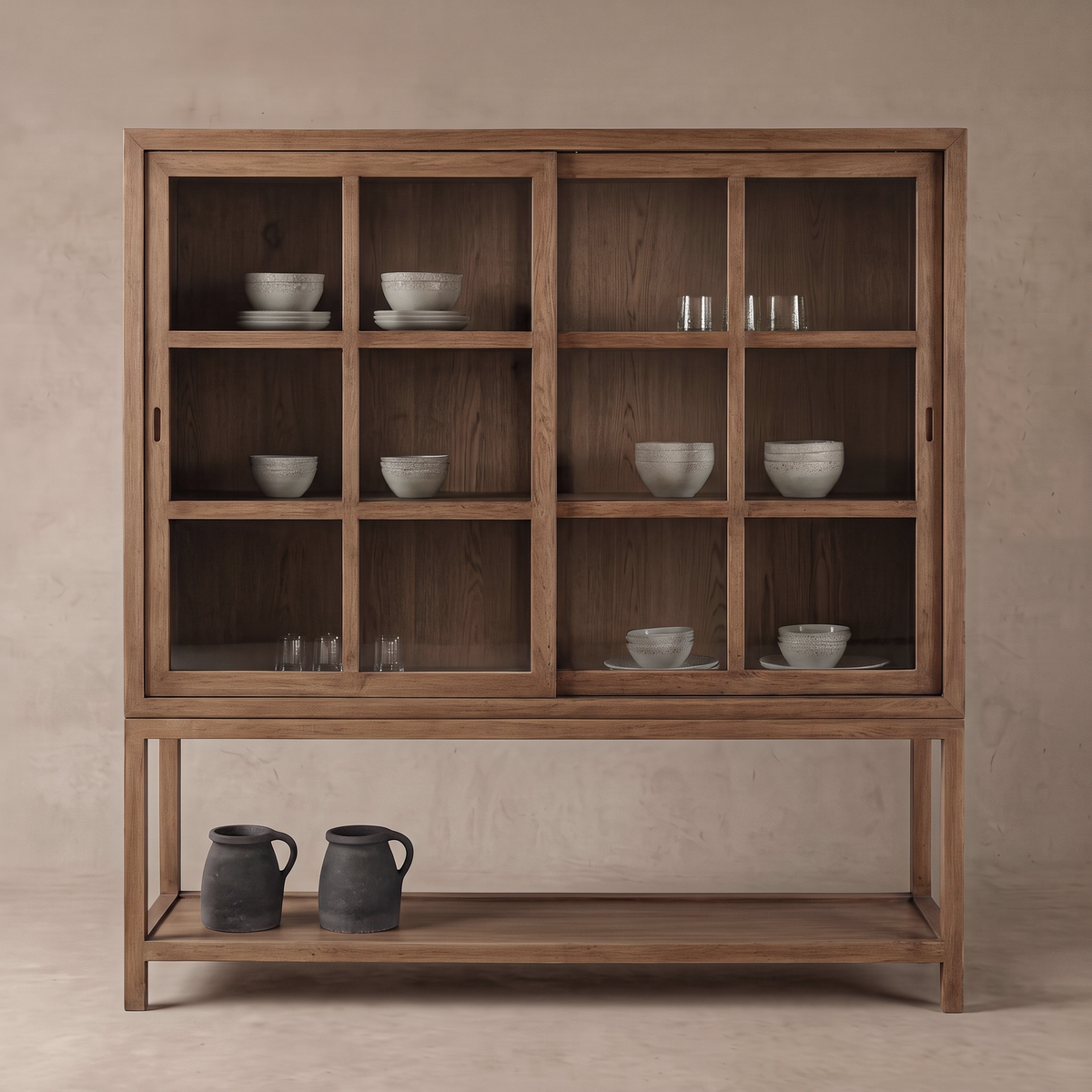 Glazed Solid Oak Wood Artisan Glass Door Cabinet