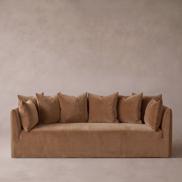 Sophie modern three seater sofa in warm camel for a Dubai apartment
