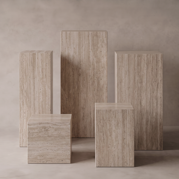 Travertine marble pedestal and side table with natural stone veining
